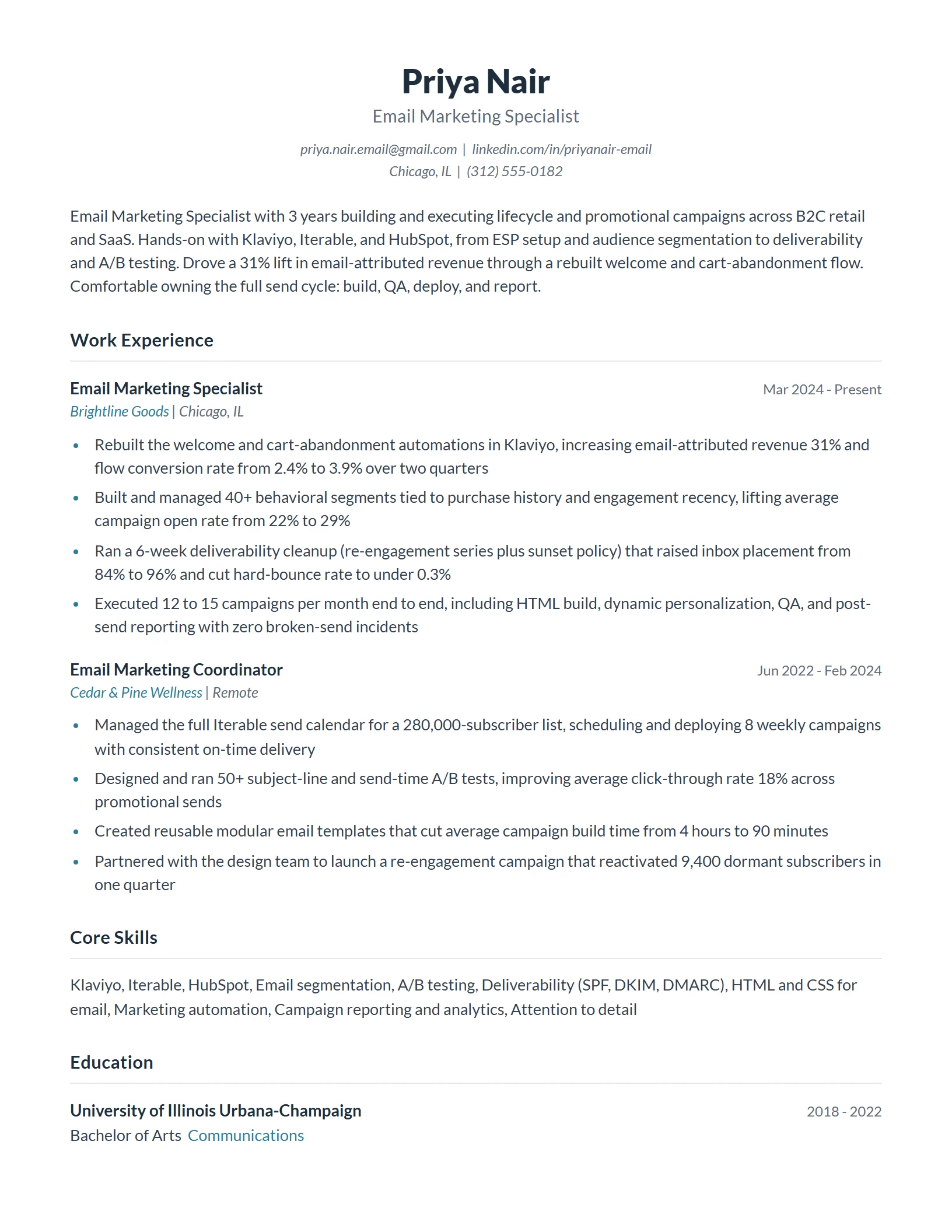 Email Marketing Specialist Resume Example