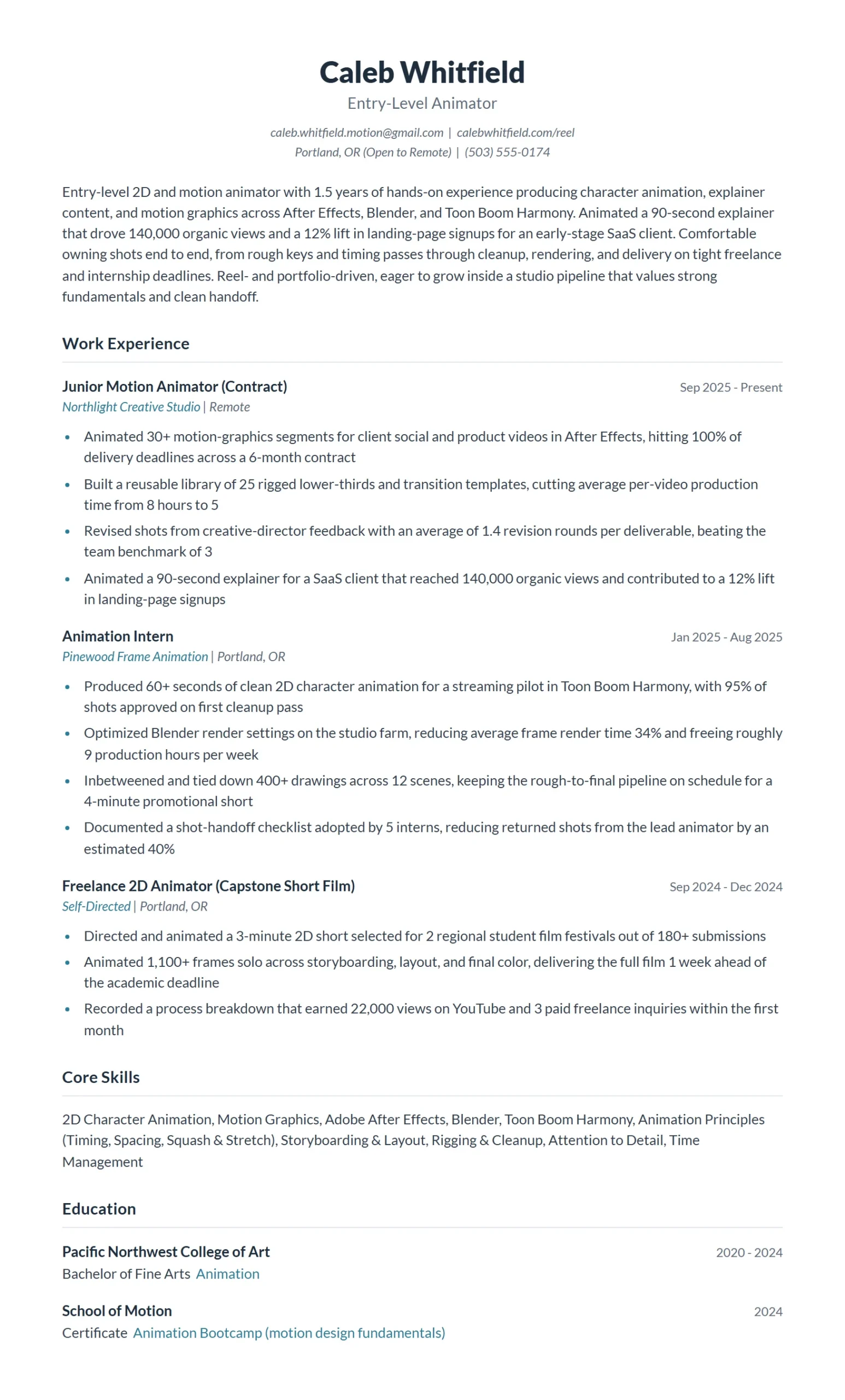 Entry-Level Animator Resume Example