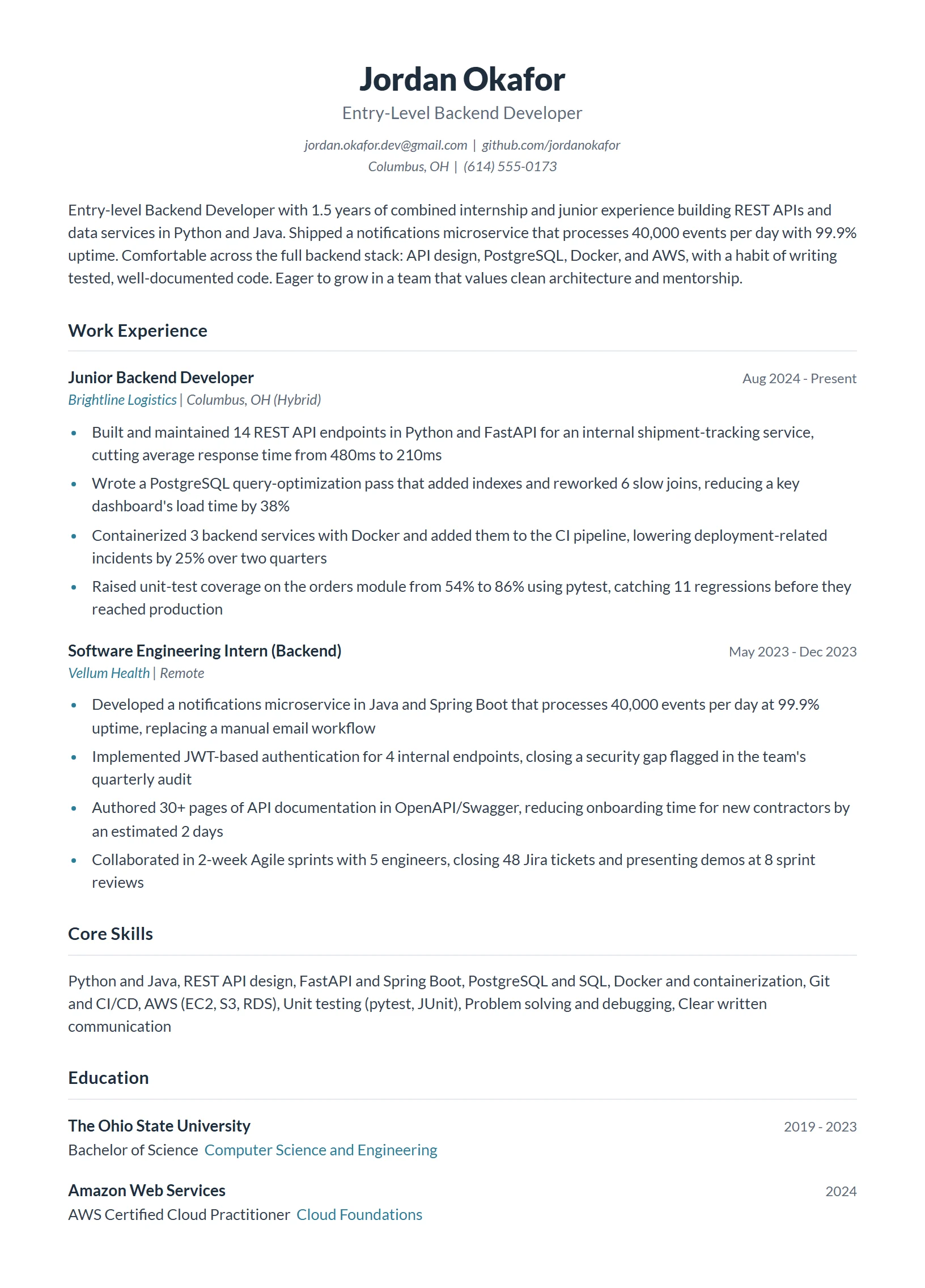 Entry-Level Backend Developer Resume Example