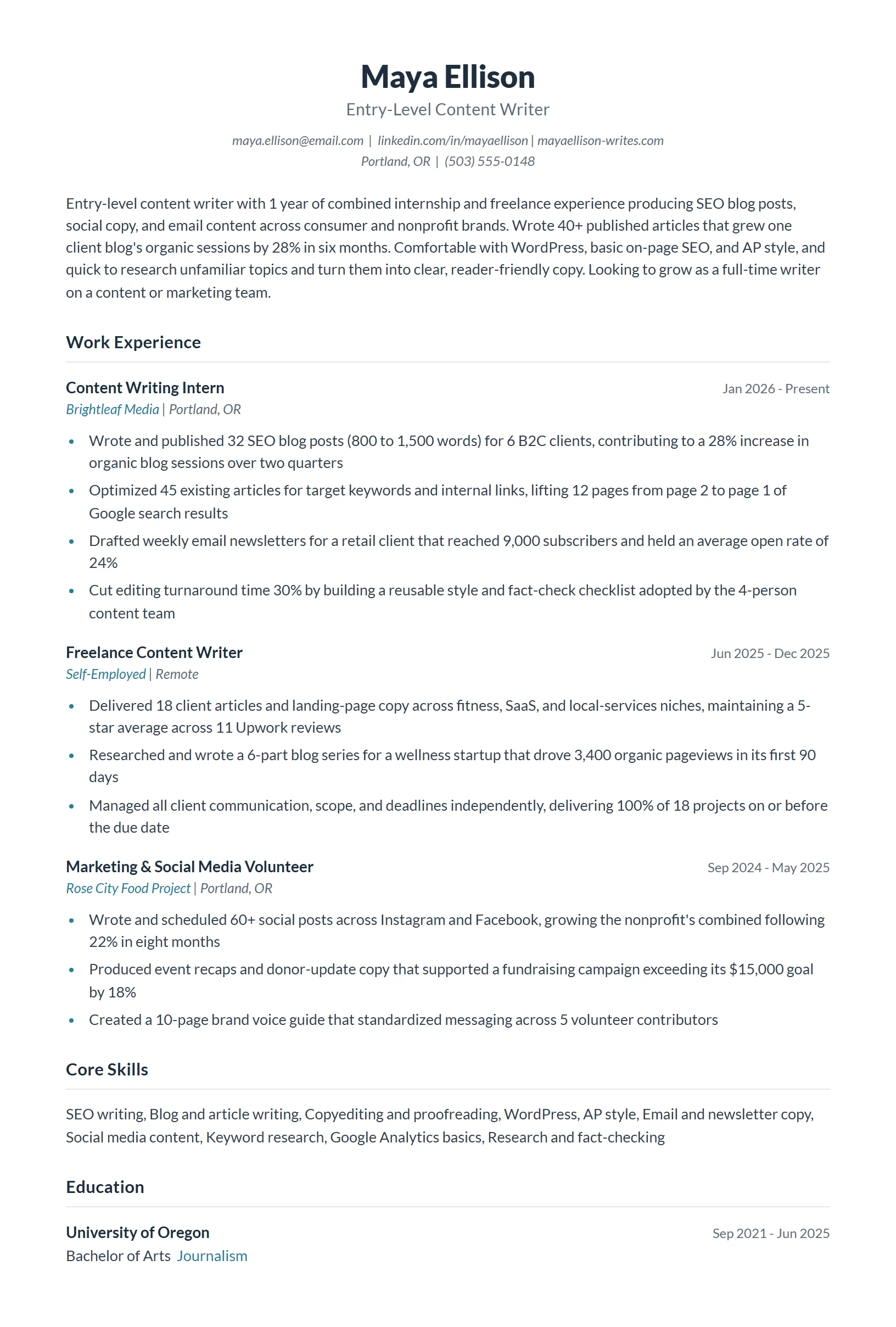 Entry-Level Content Writer Resume Example
