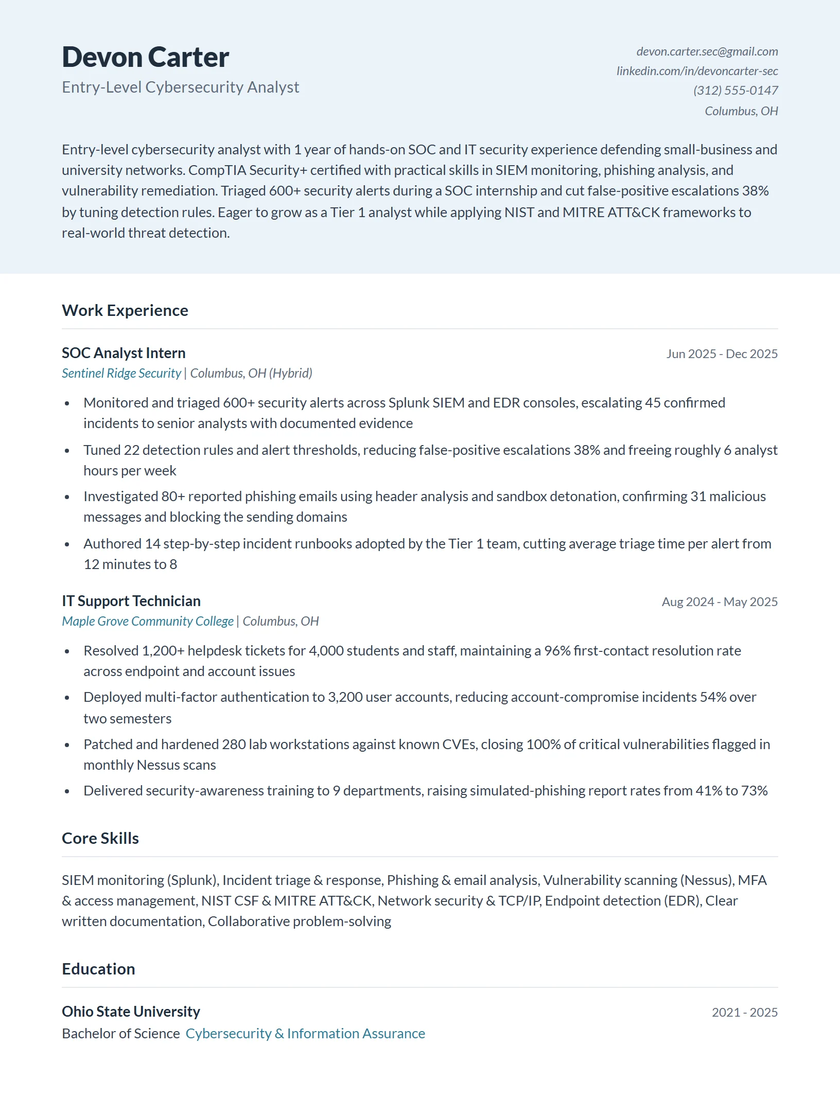 Entry-Level Cybersecurity Resume Example