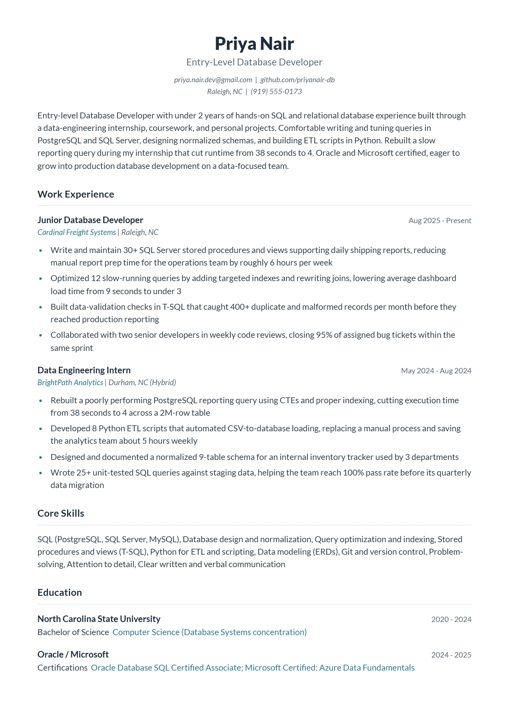 Entry-Level Database Developer Resume Example