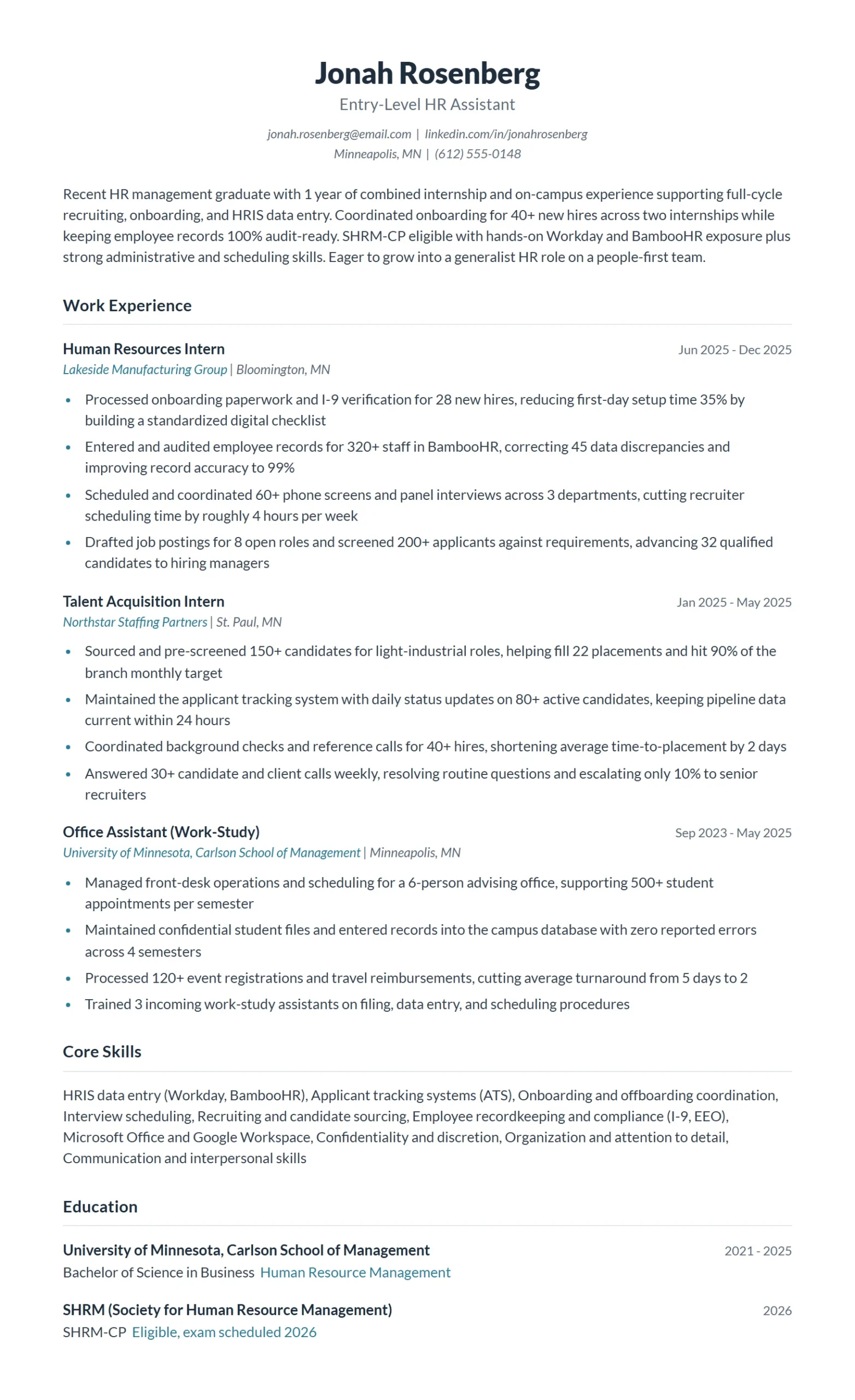 Entry-Level HR Assistant Resume Example