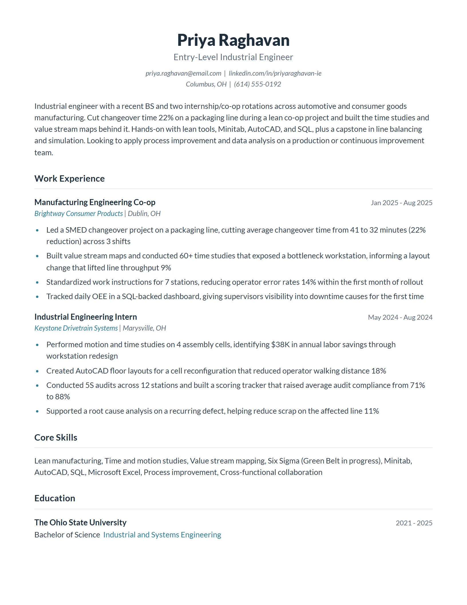 Entry-Level Industrial Engineer Resume Example