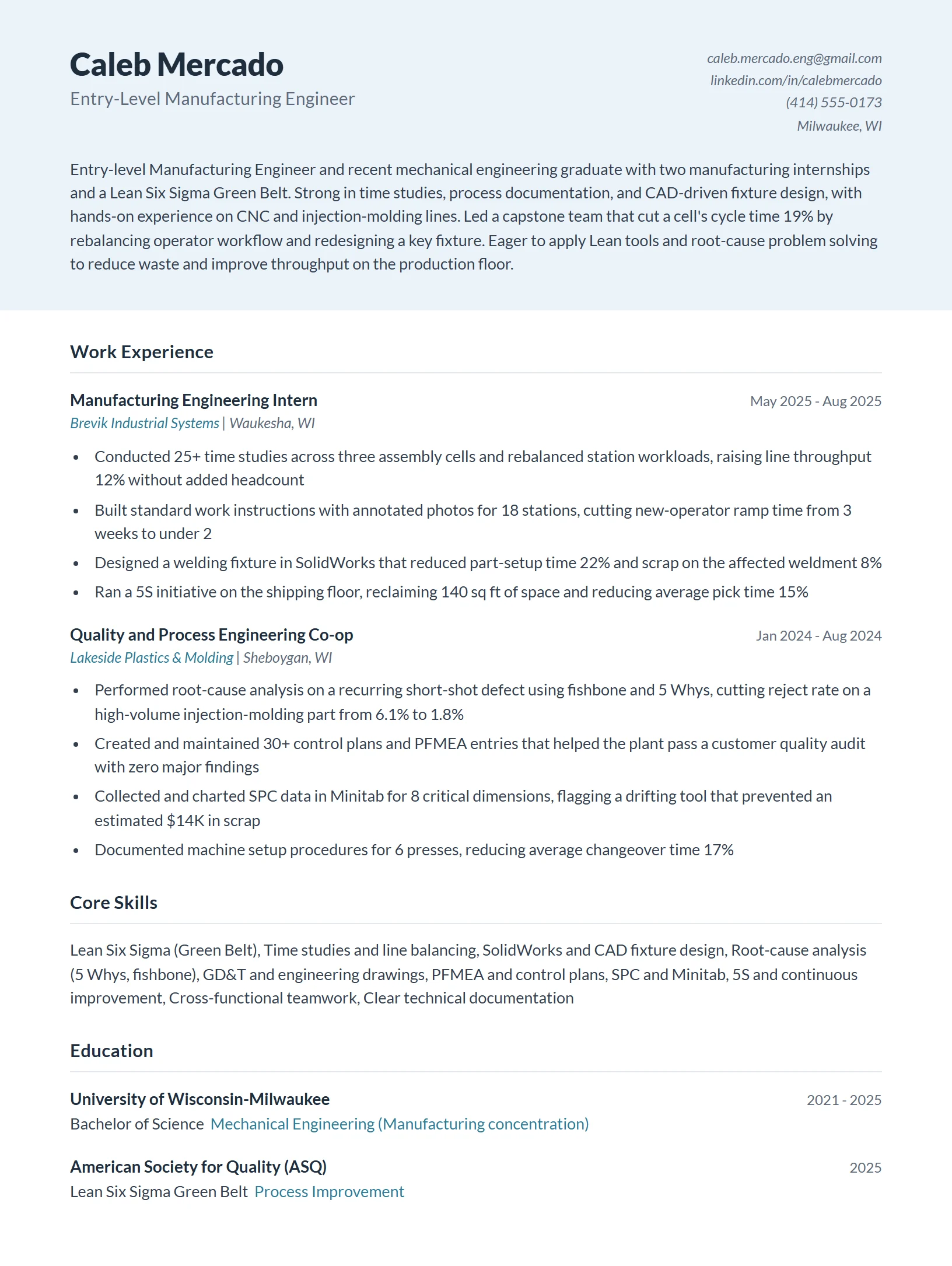 Entry-Level Manufacturing Engineer Resume Example