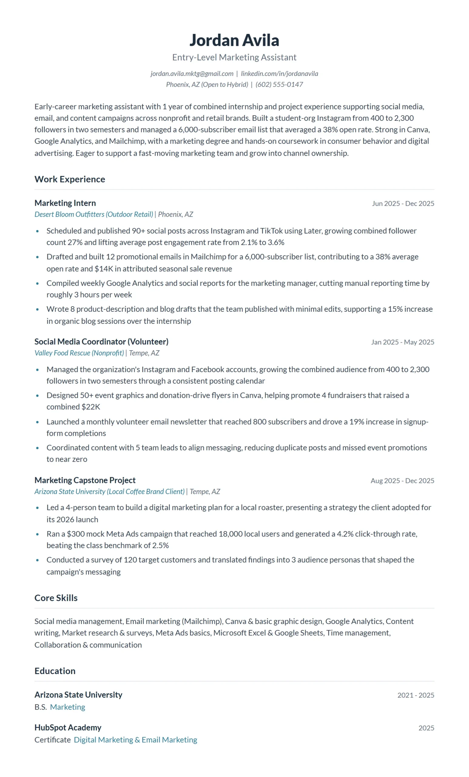 Entry-Level Marketing Assistant Resume Example