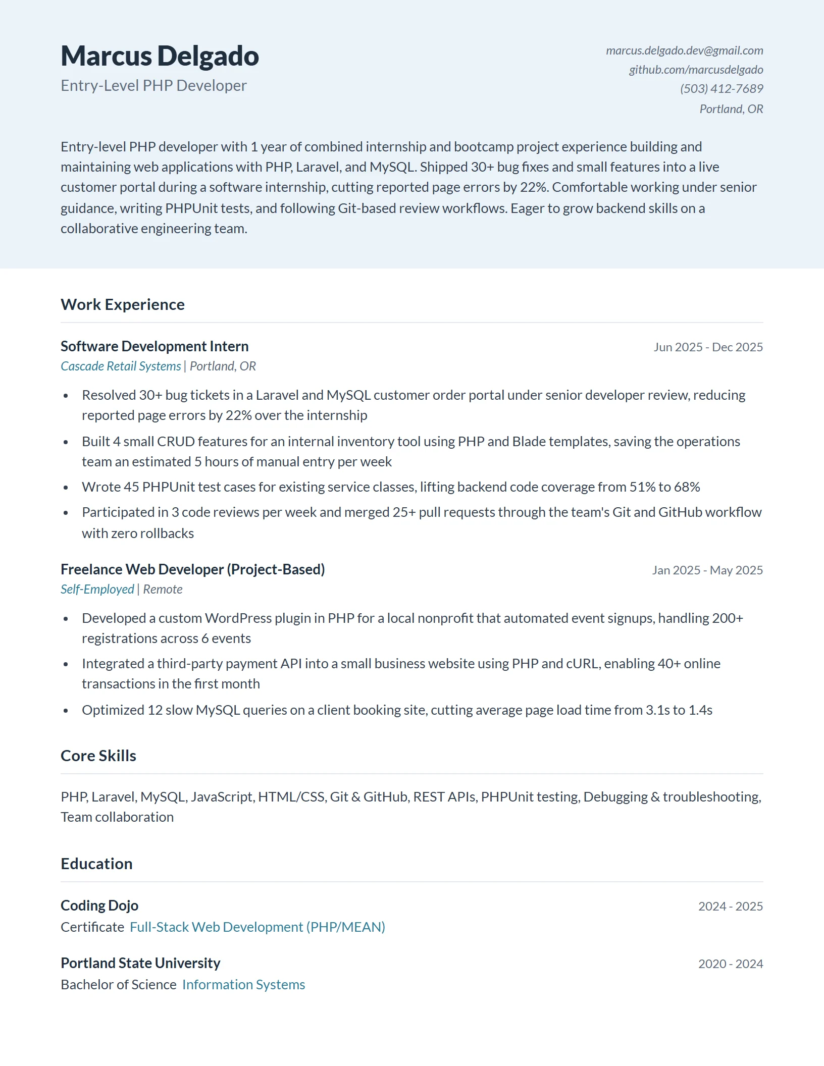 Entry-Level PHP Developer Resume Example