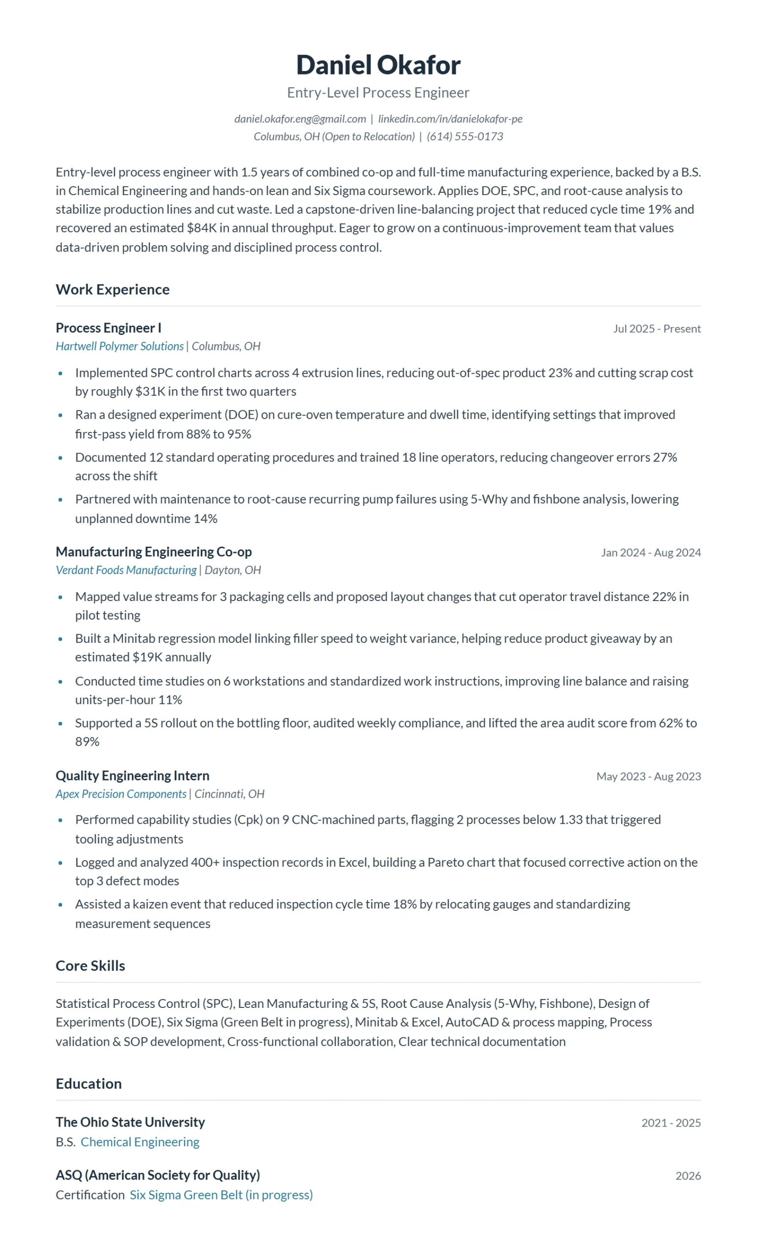 Entry-Level Process Engineer Resume Example