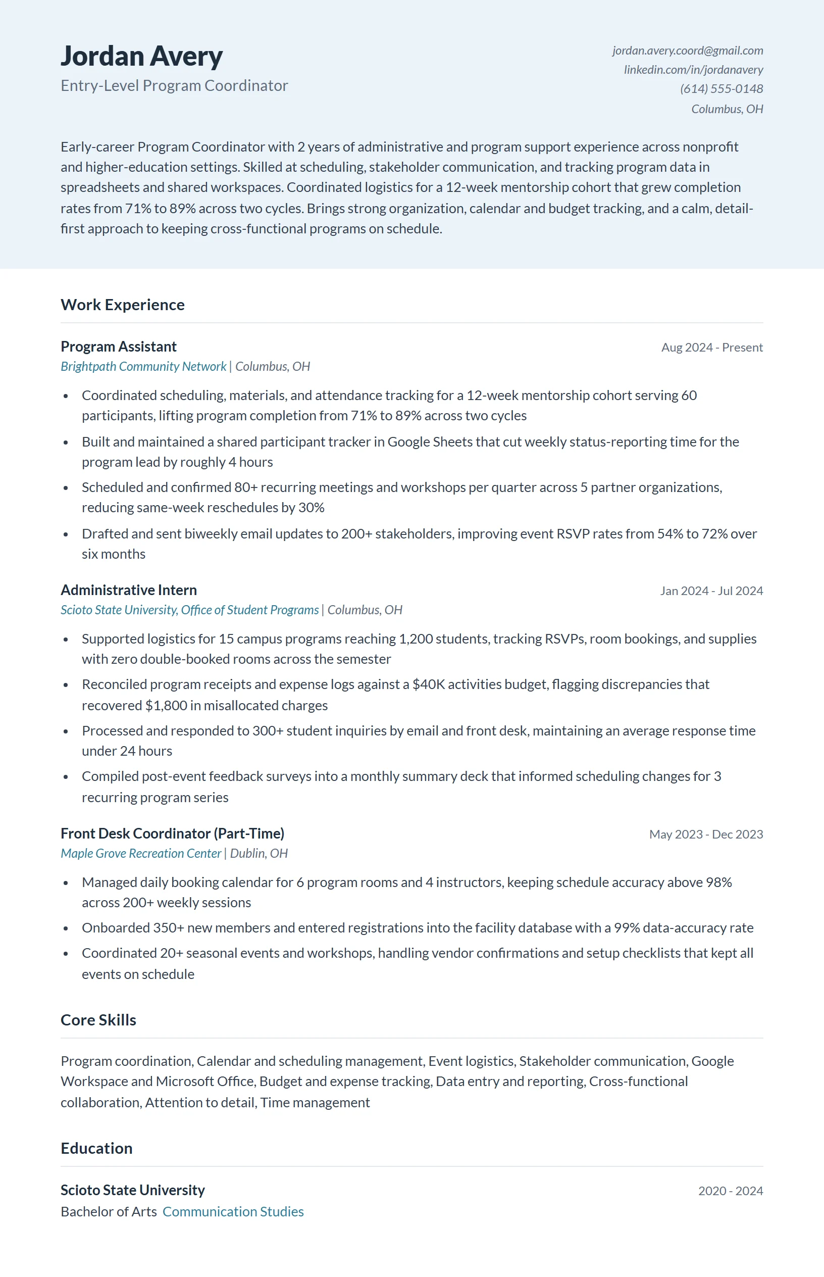 Entry-Level Program Coordinator Resume Example
