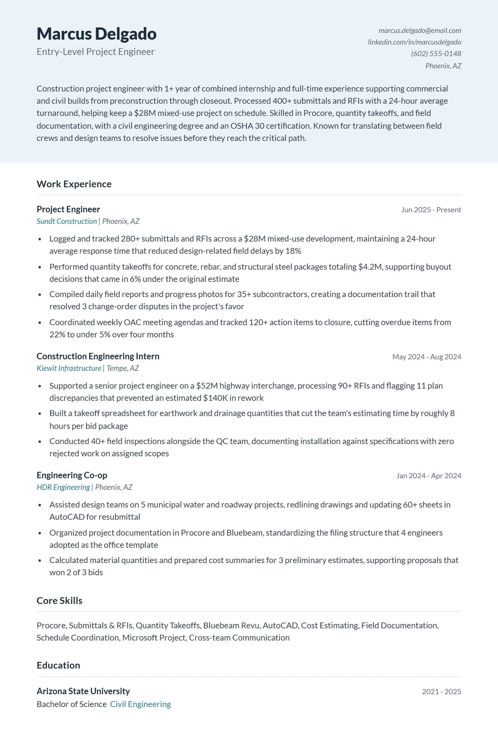 Entry-Level Project Engineer Resume Example