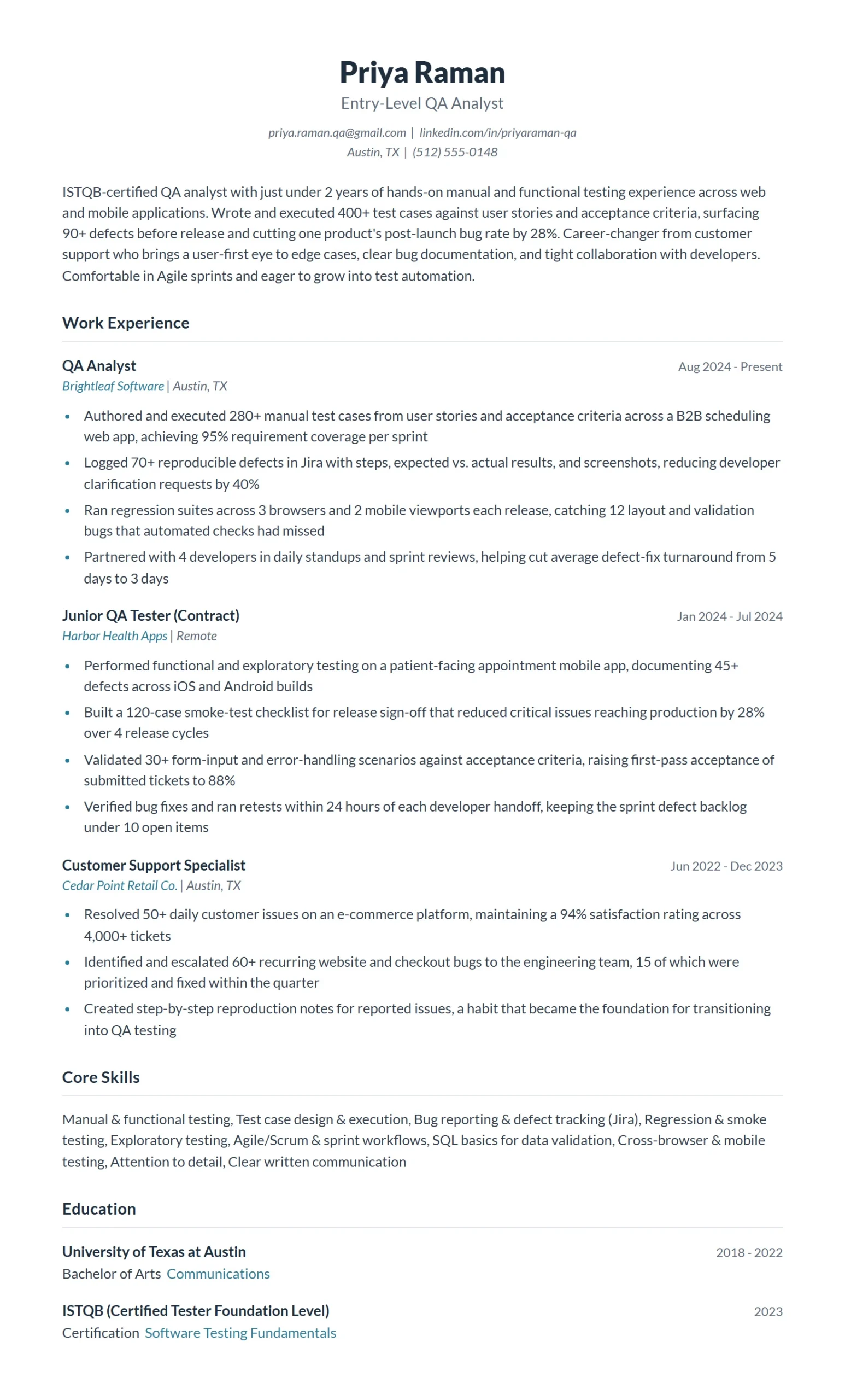 Entry-Level QA Analyst Resume Example