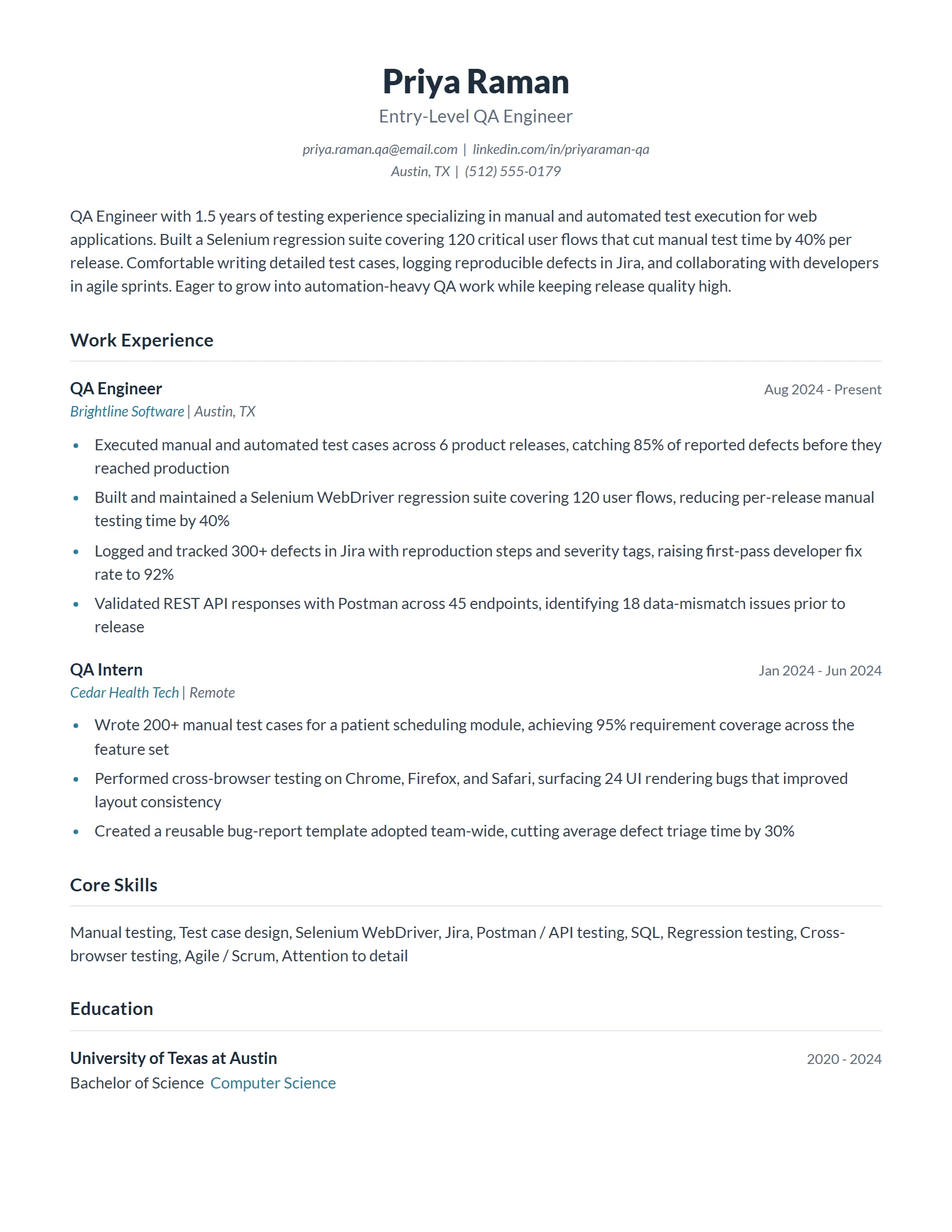 Entry-Level QA Engineer Resume Example