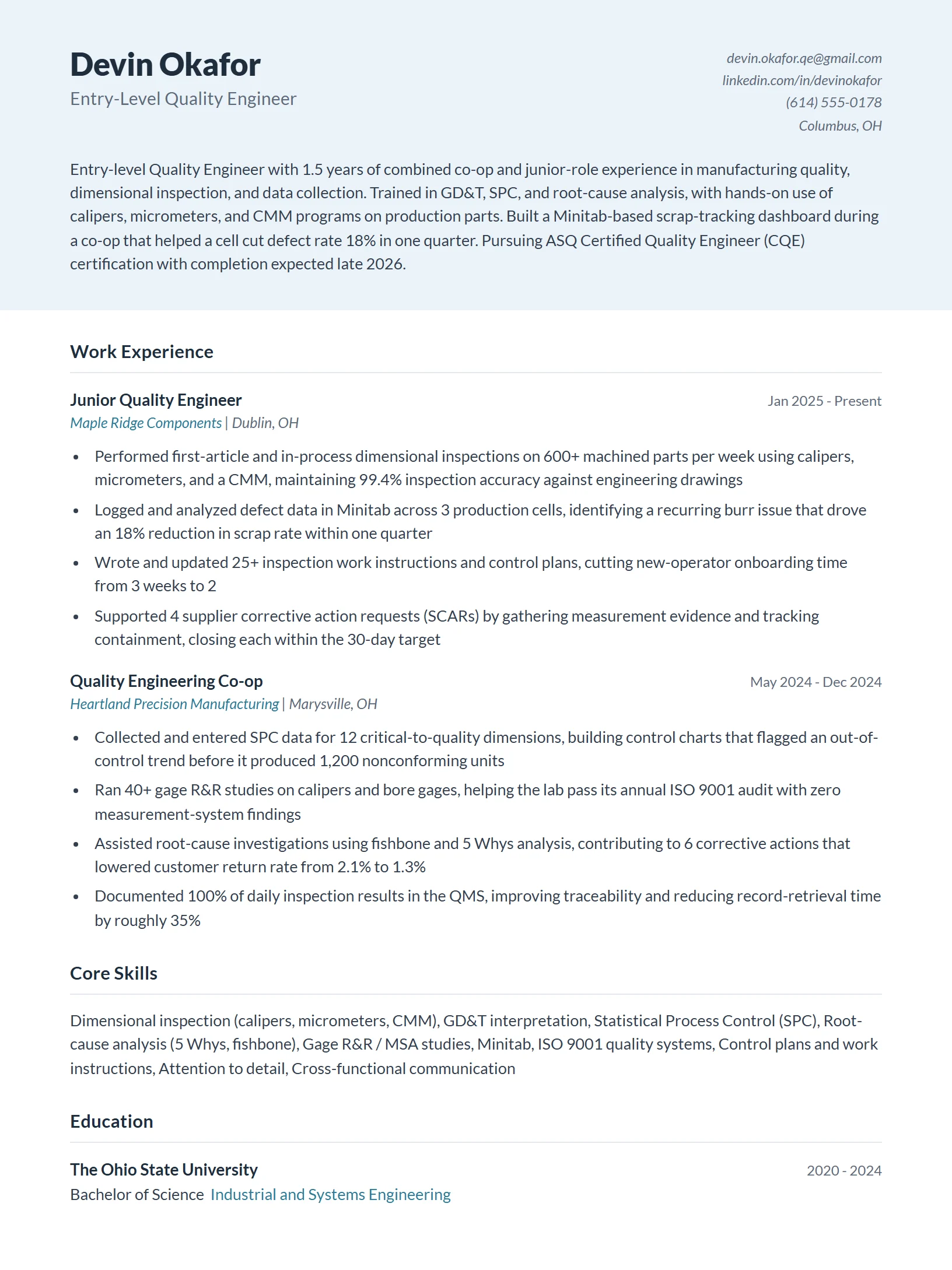 Entry-Level Quality Engineer Resume Example