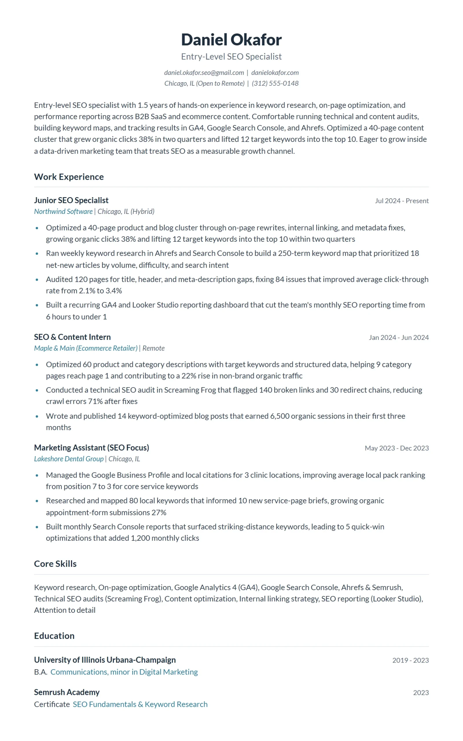 Entry-Level SEO Specialist Resume Example