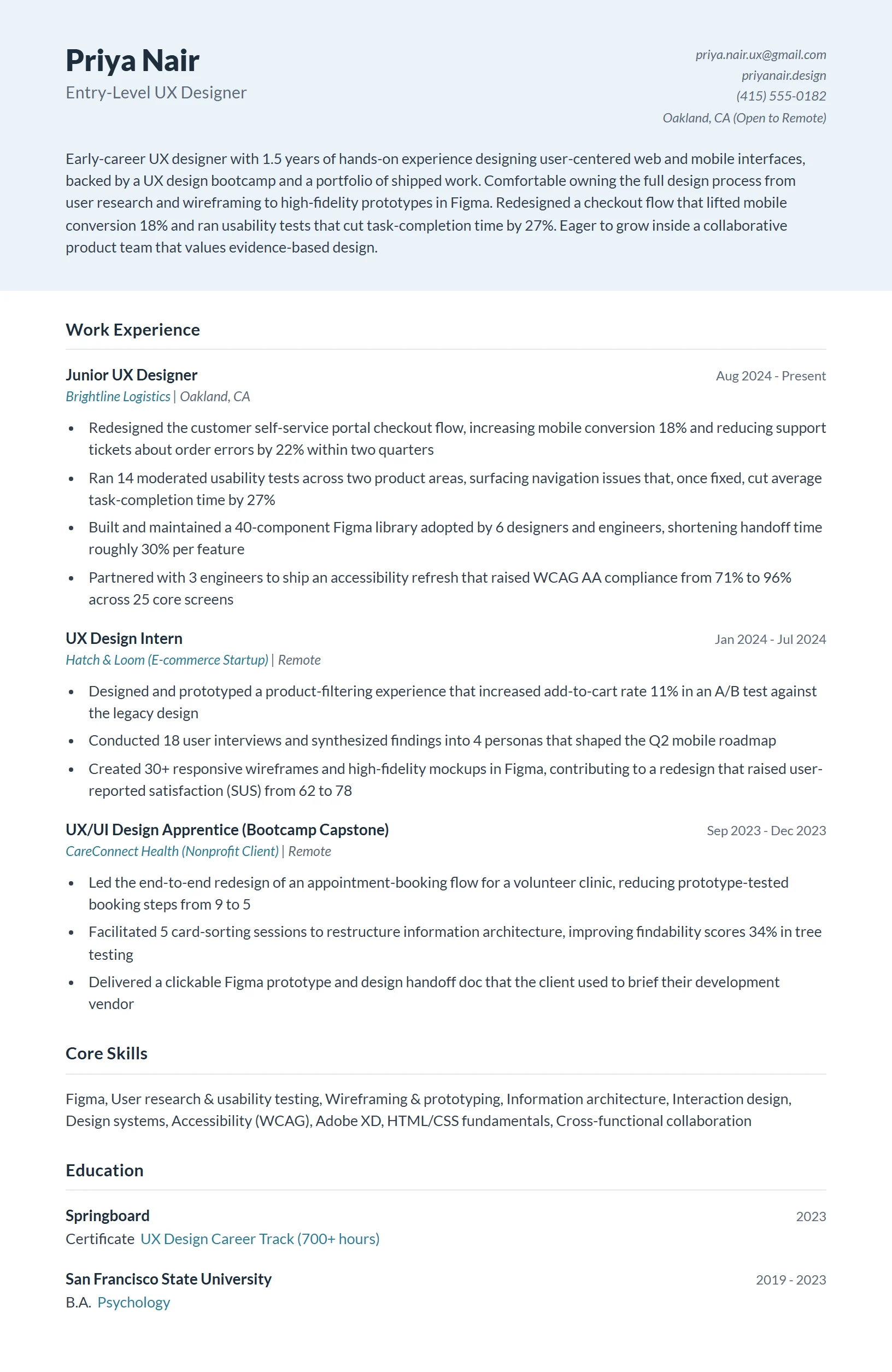 Entry-Level UX Designer Resume Example
