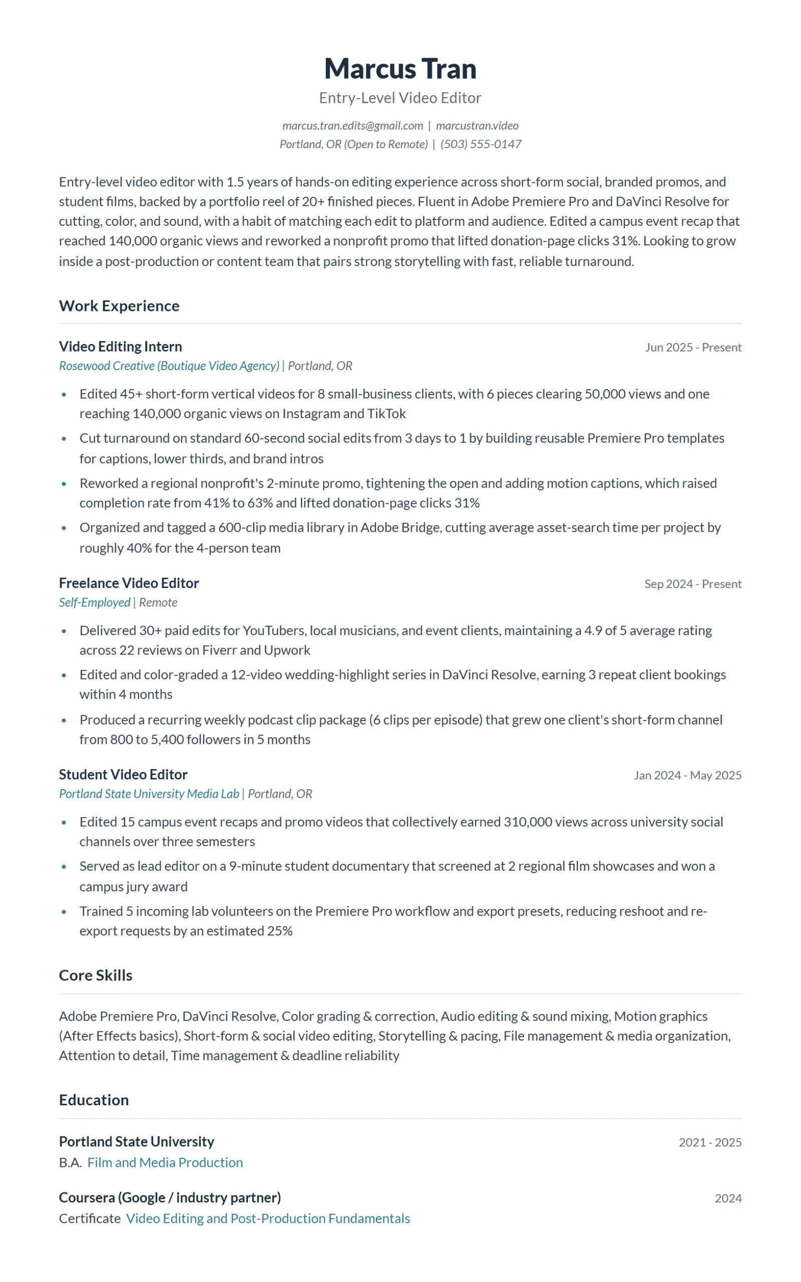 Entry-Level Video Editor Resume Example