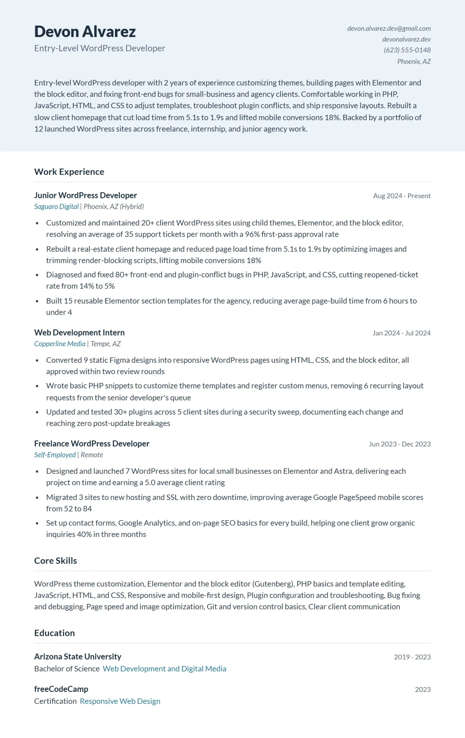 Entry-Level WordPress Developer Resume Example