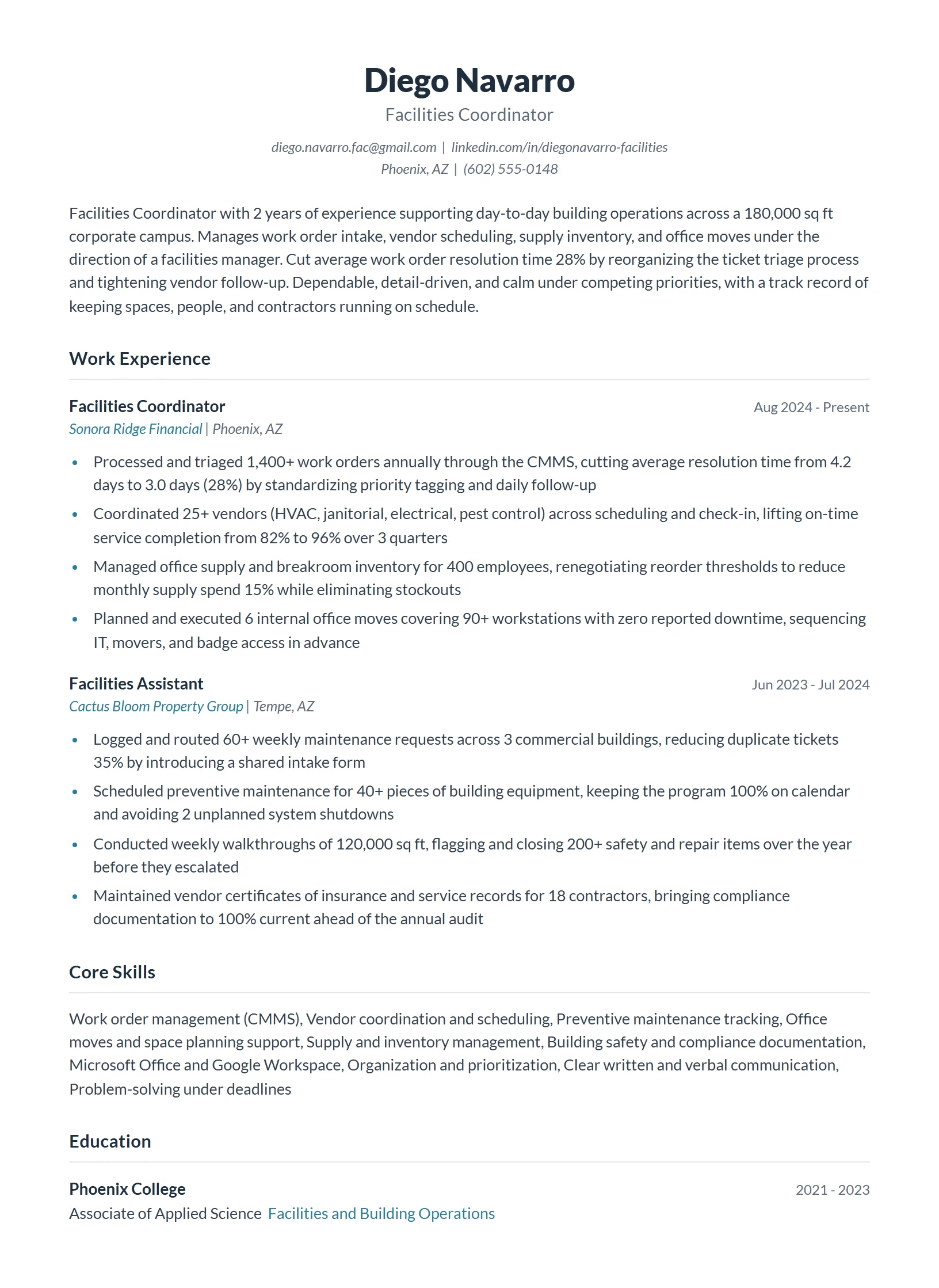 Facilities Coordinator Resume Example
