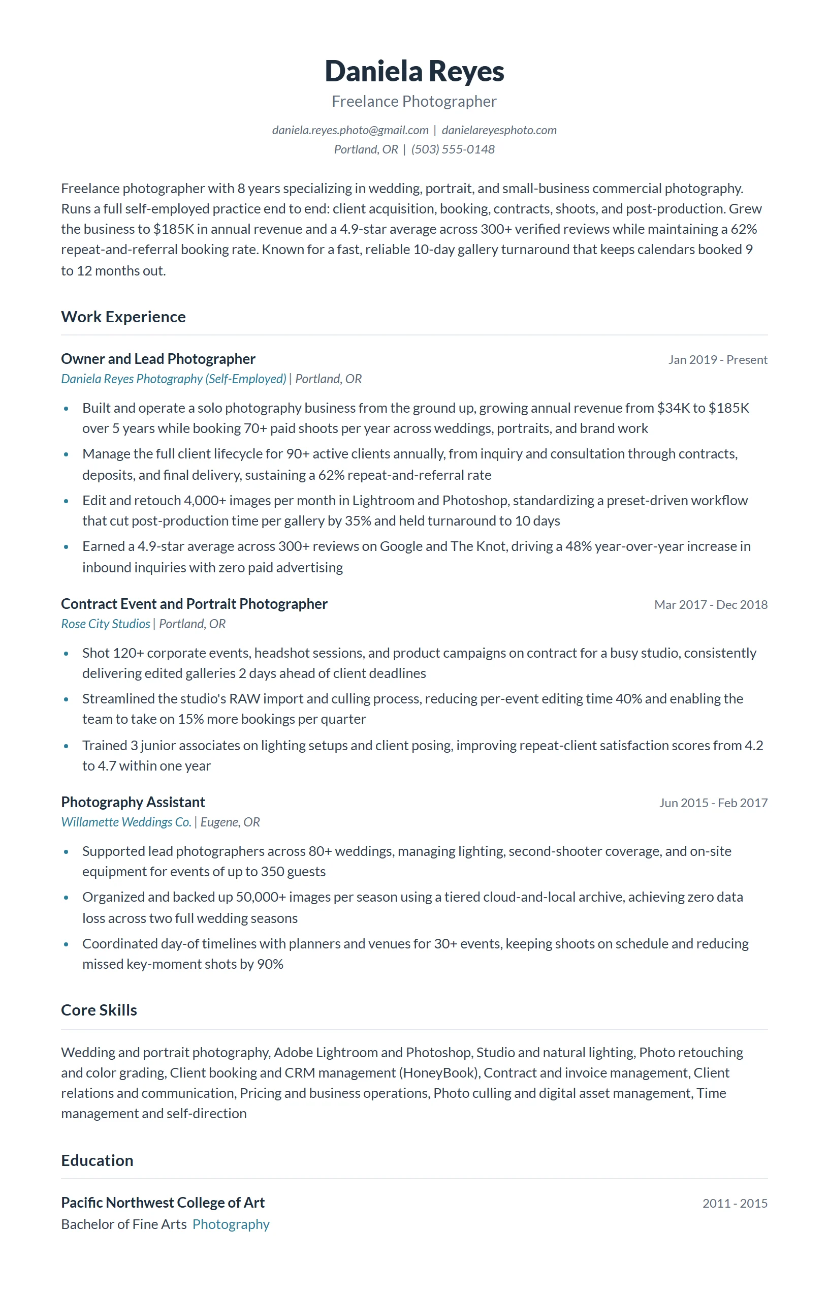 Freelance Photographer Resume Example