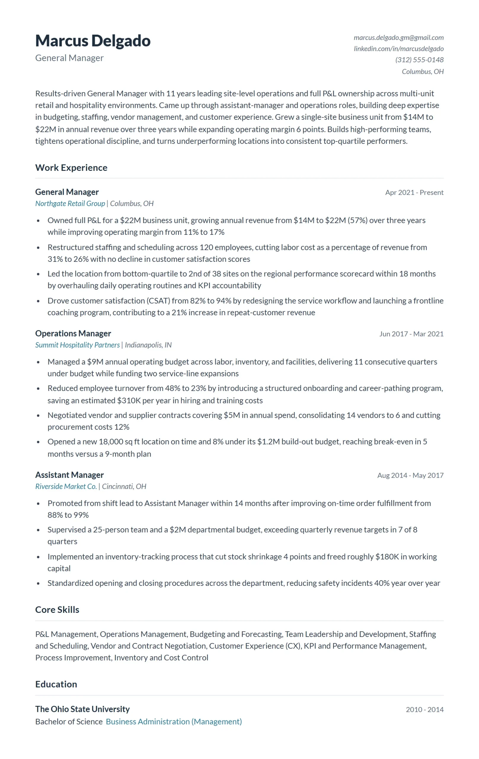 General Manager Resume Example