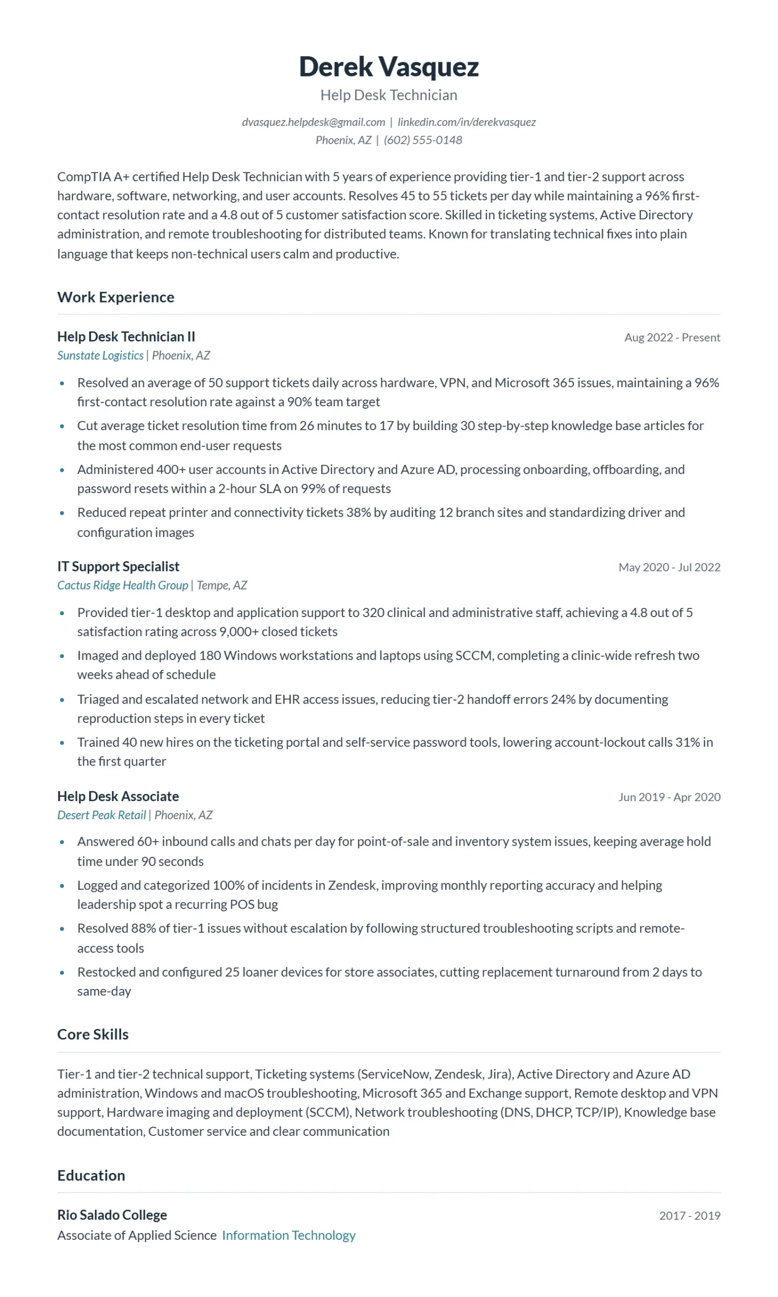 Help Desk Resume Example