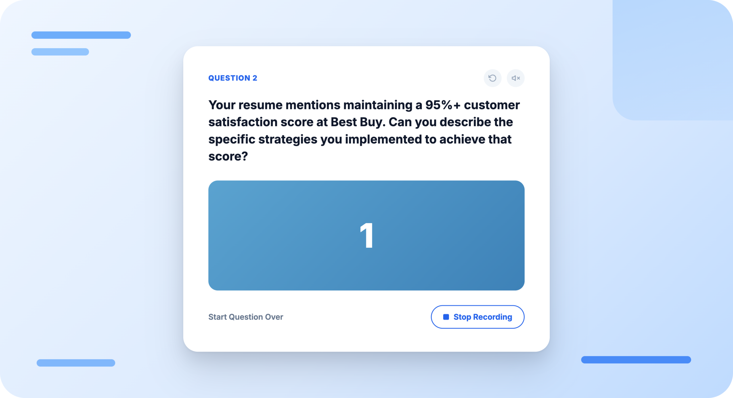 Jobscan Interview Practice: a mock interview question card with live recording