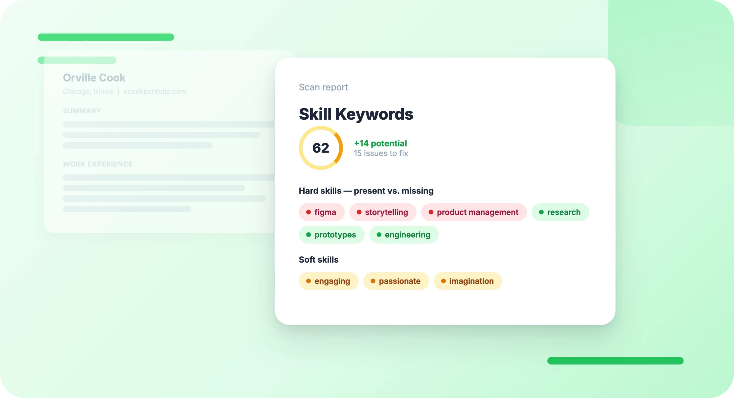 Match report: resume scored against a real job posting, with present vs. missing skills and the employer's ATS identified.