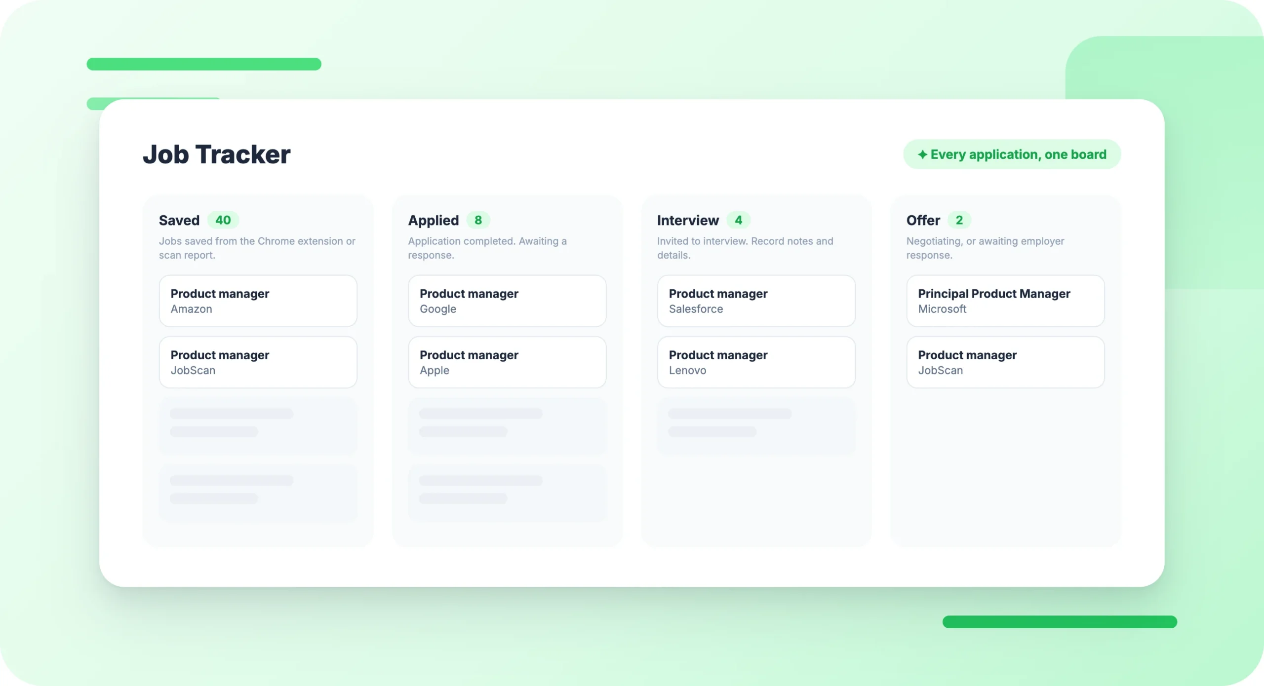Jobscan Job Tracker board: applications moving from Saved to Applied to Interviewing to Offer