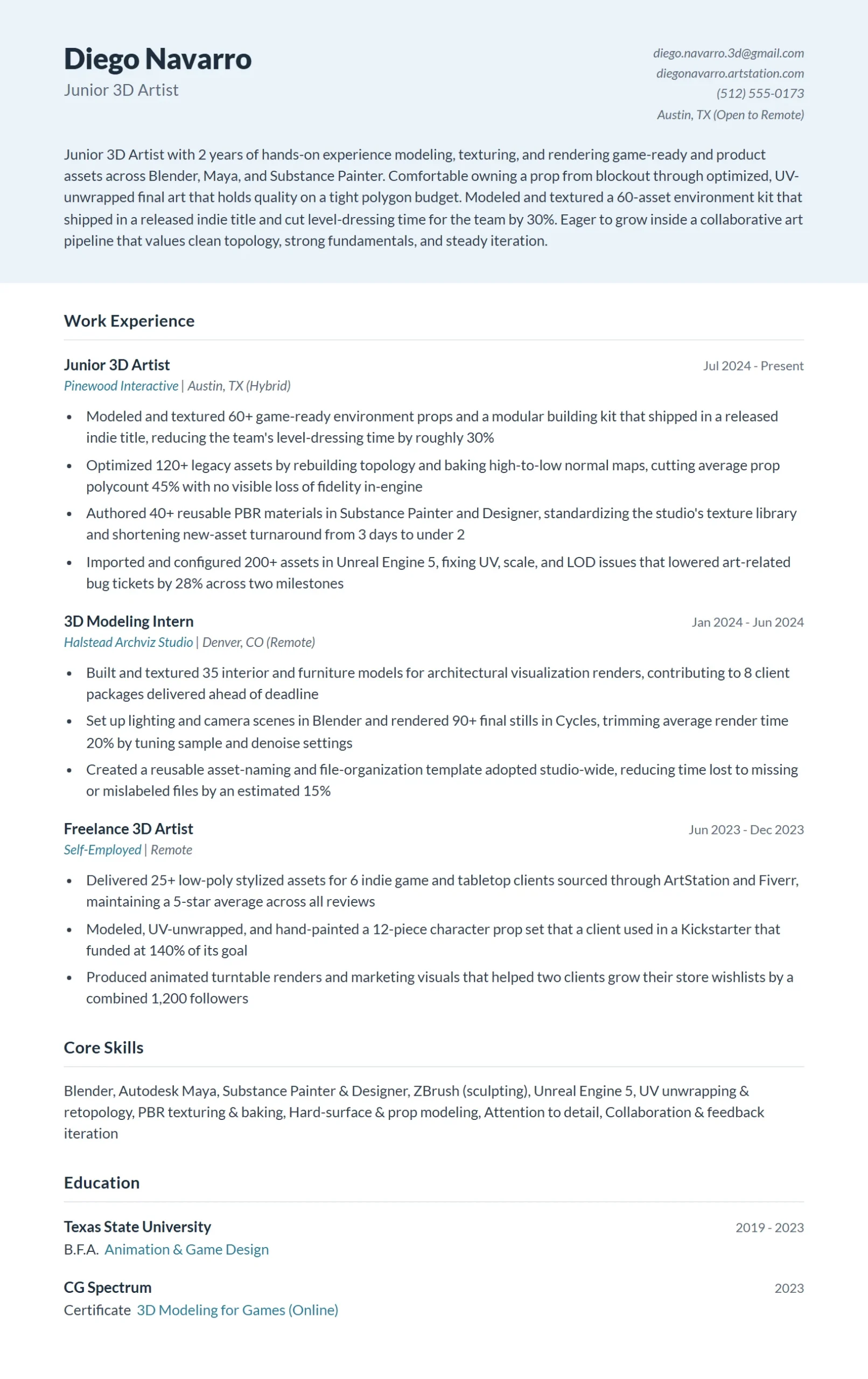 Junior 3D Artist Resume Example