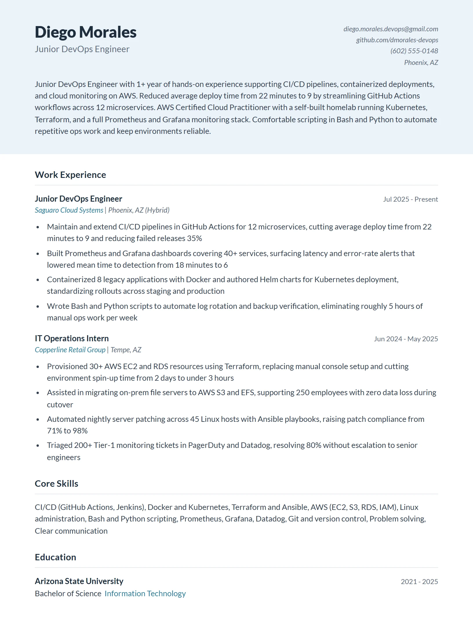 Junior DevOps Engineer Resume Example