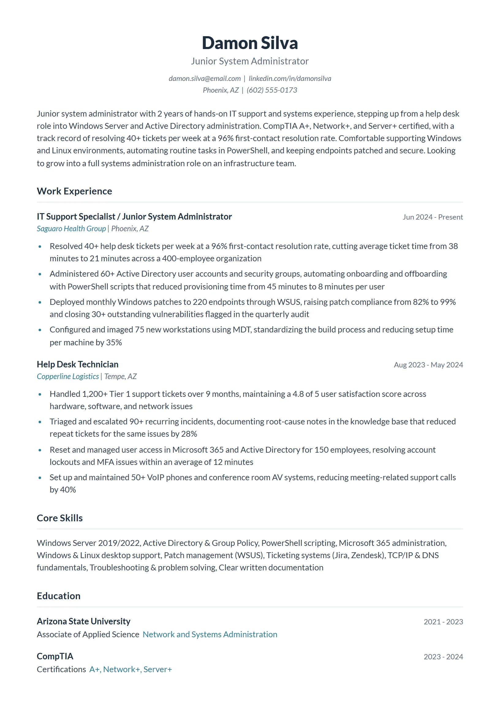 Junior System Administrator Resume Example