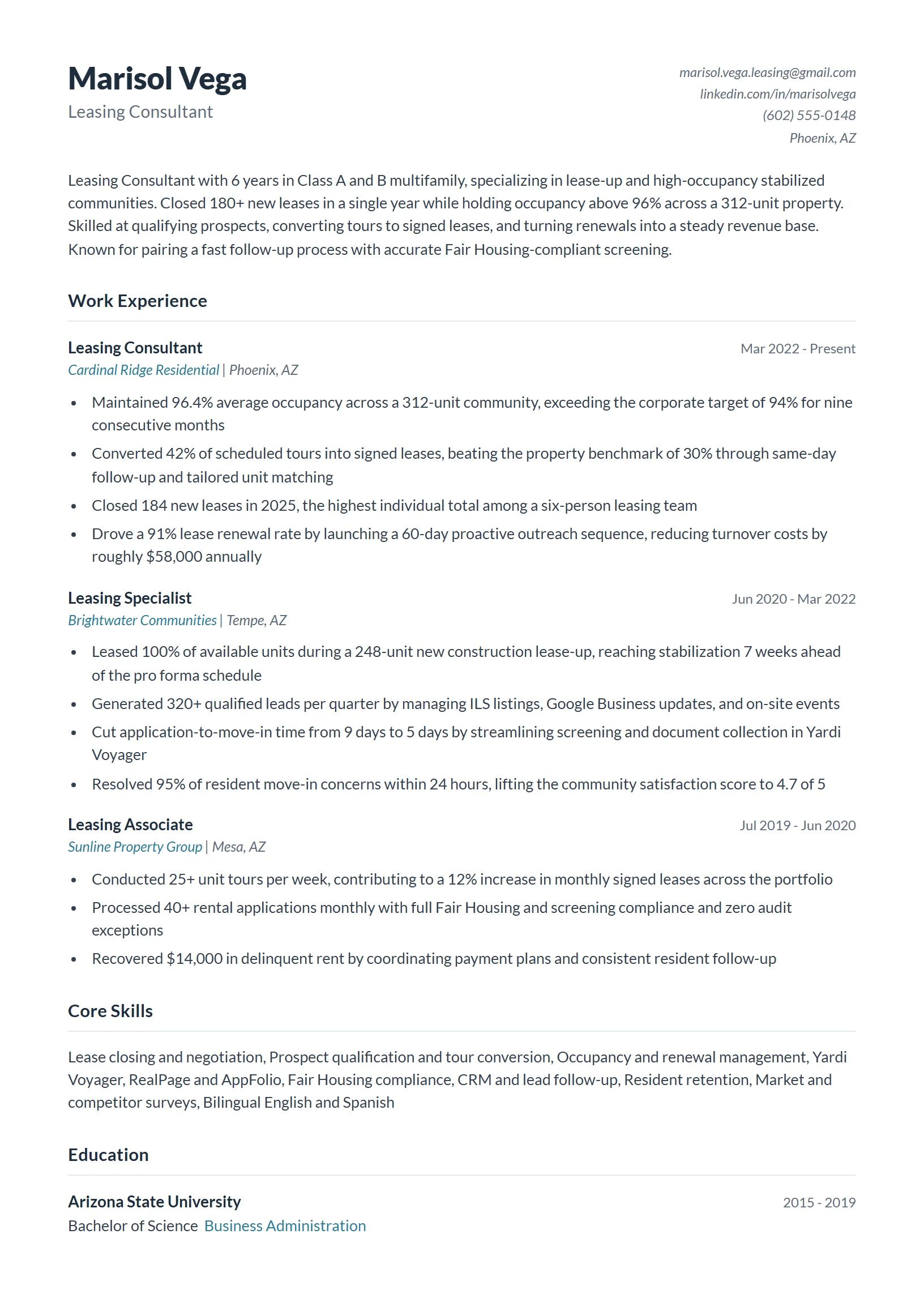 Leasing Consultant Resume Example
