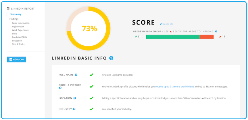 screenshot of the linkedin optimization report by jobscan showing the score and basic info section