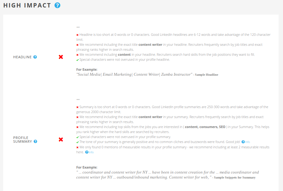 screenshot of linkedin optimization report from jobscan