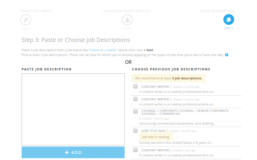 screenshot of linkedin optimization tool from jobscan that shows the interface for adding job listings to optimize your linkedin profile against