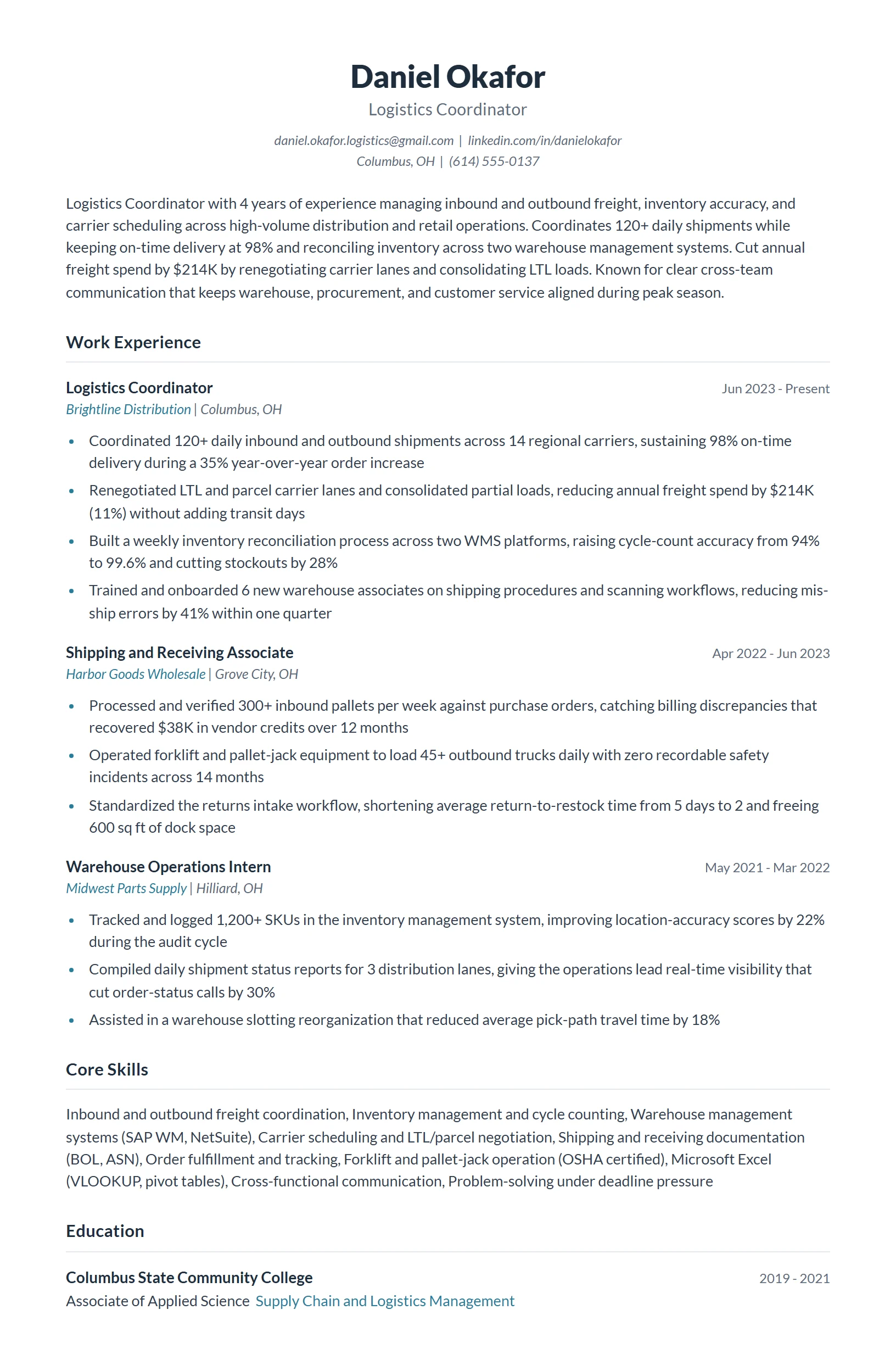 Logistics Coordinator Resume Example