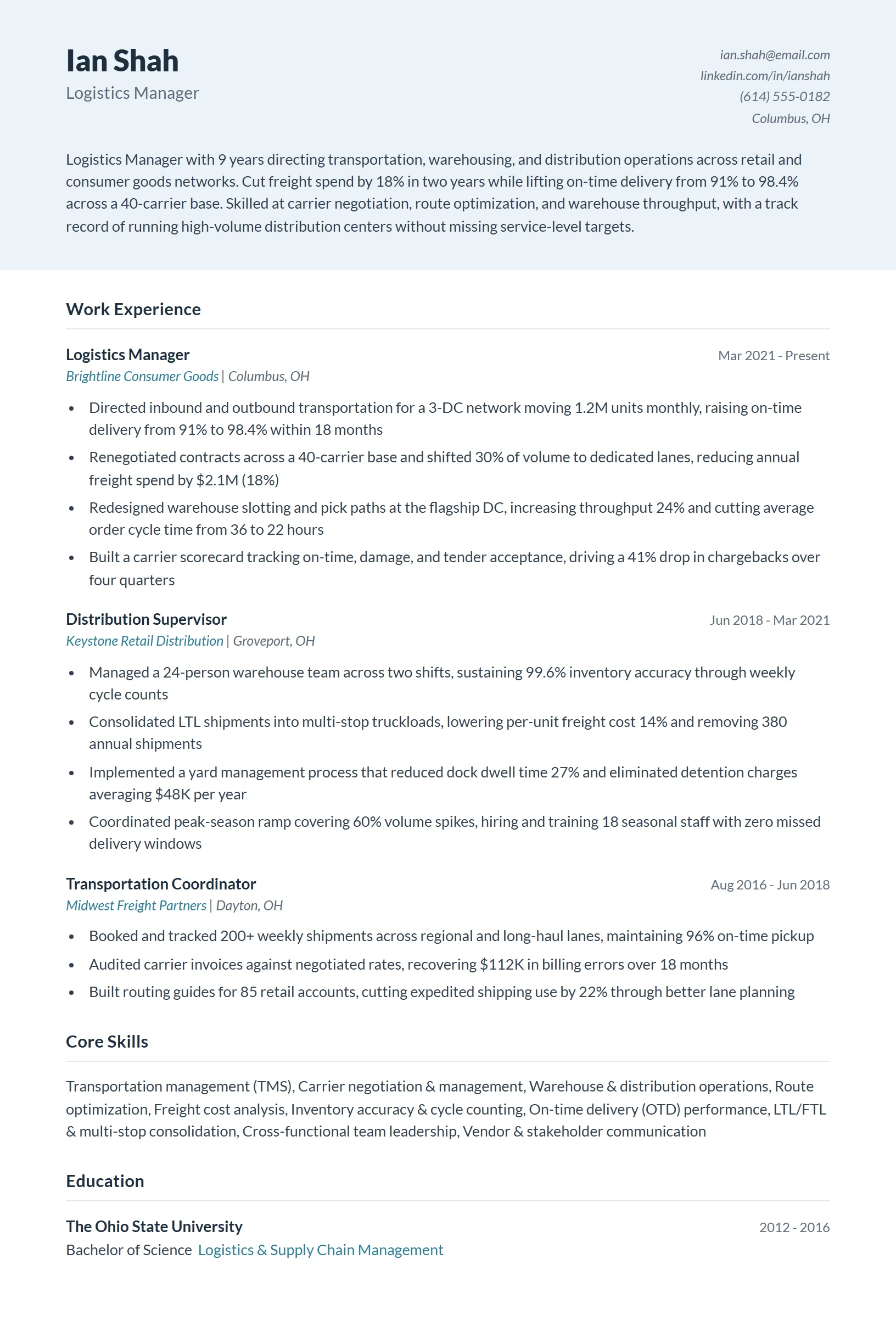 Logistics Manager Resume Example