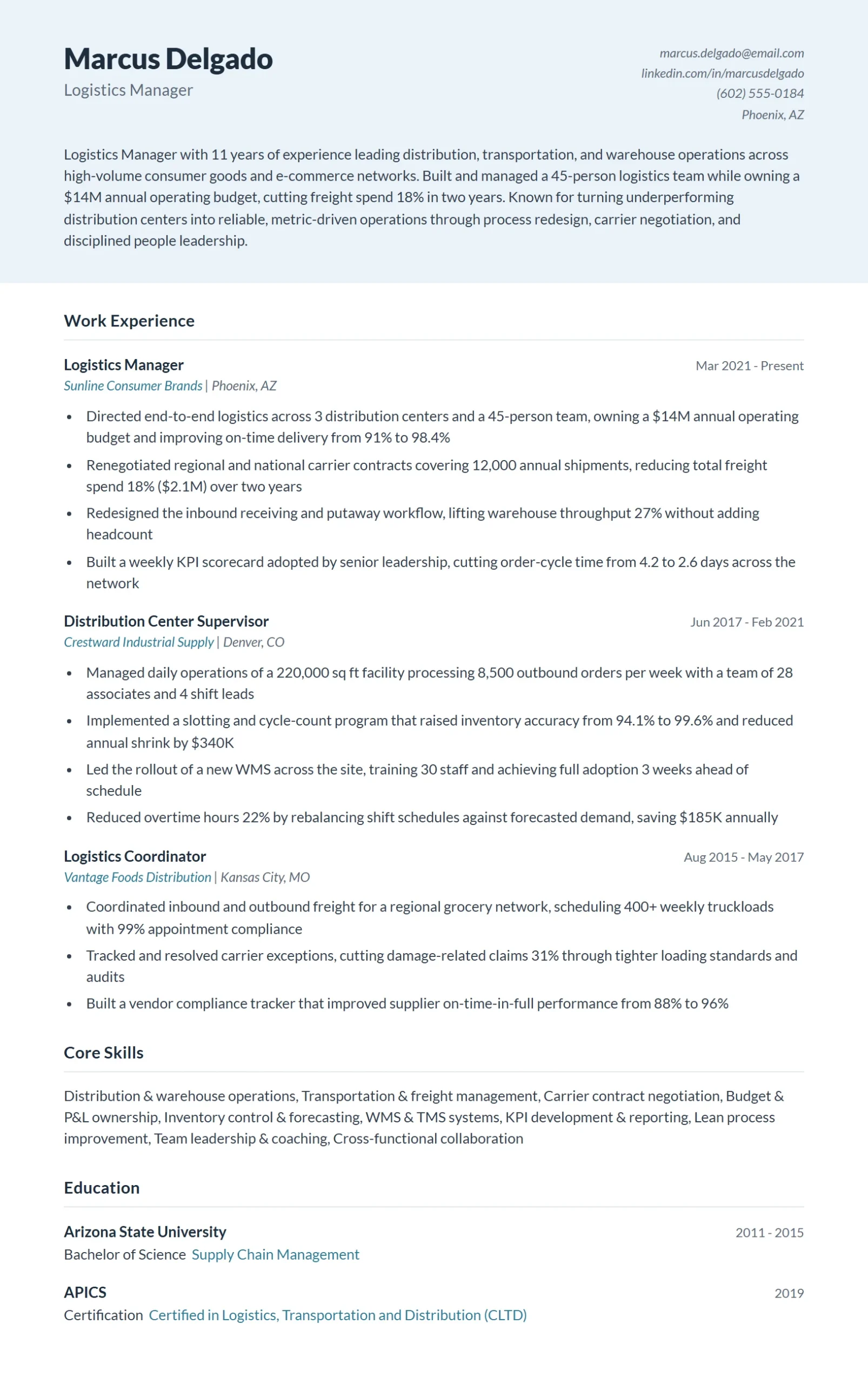 Logistics Manager Resume Example