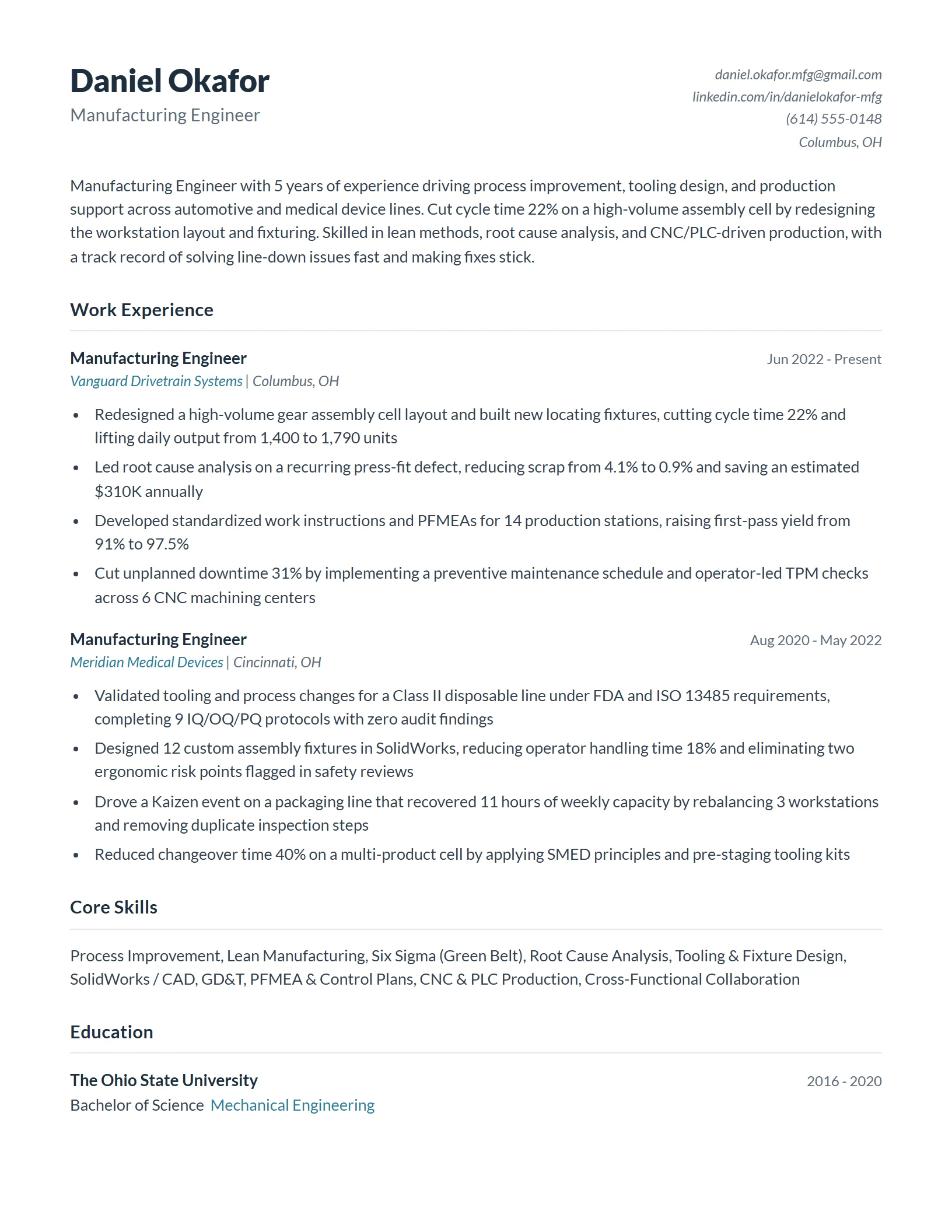 Manufacturing Engineer Resume Example