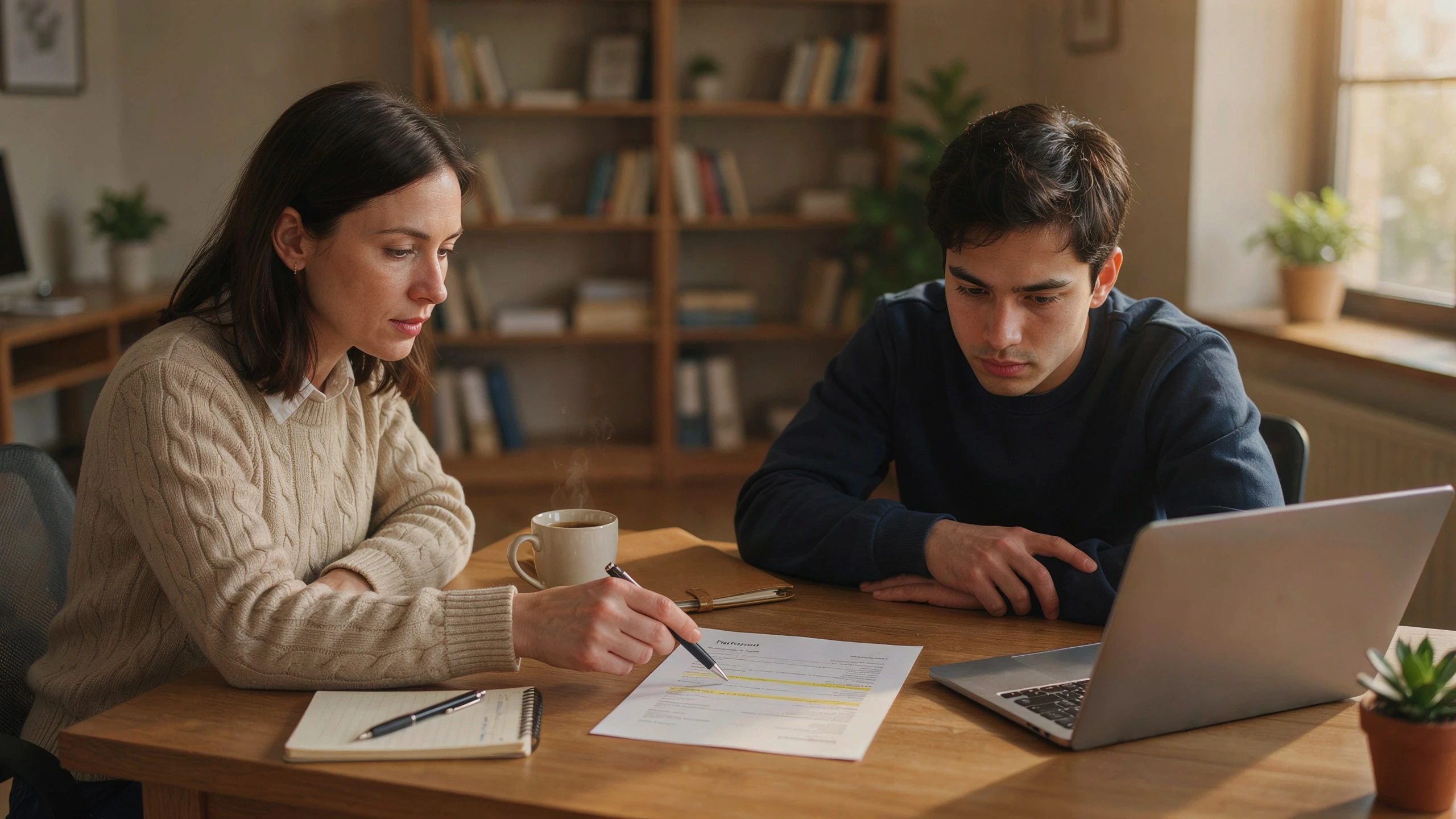 A college career-services advising office, a career advisor in her 30s, business-casual sweater, sitting across from a college student, both leaning slightly over a printed resume between them.