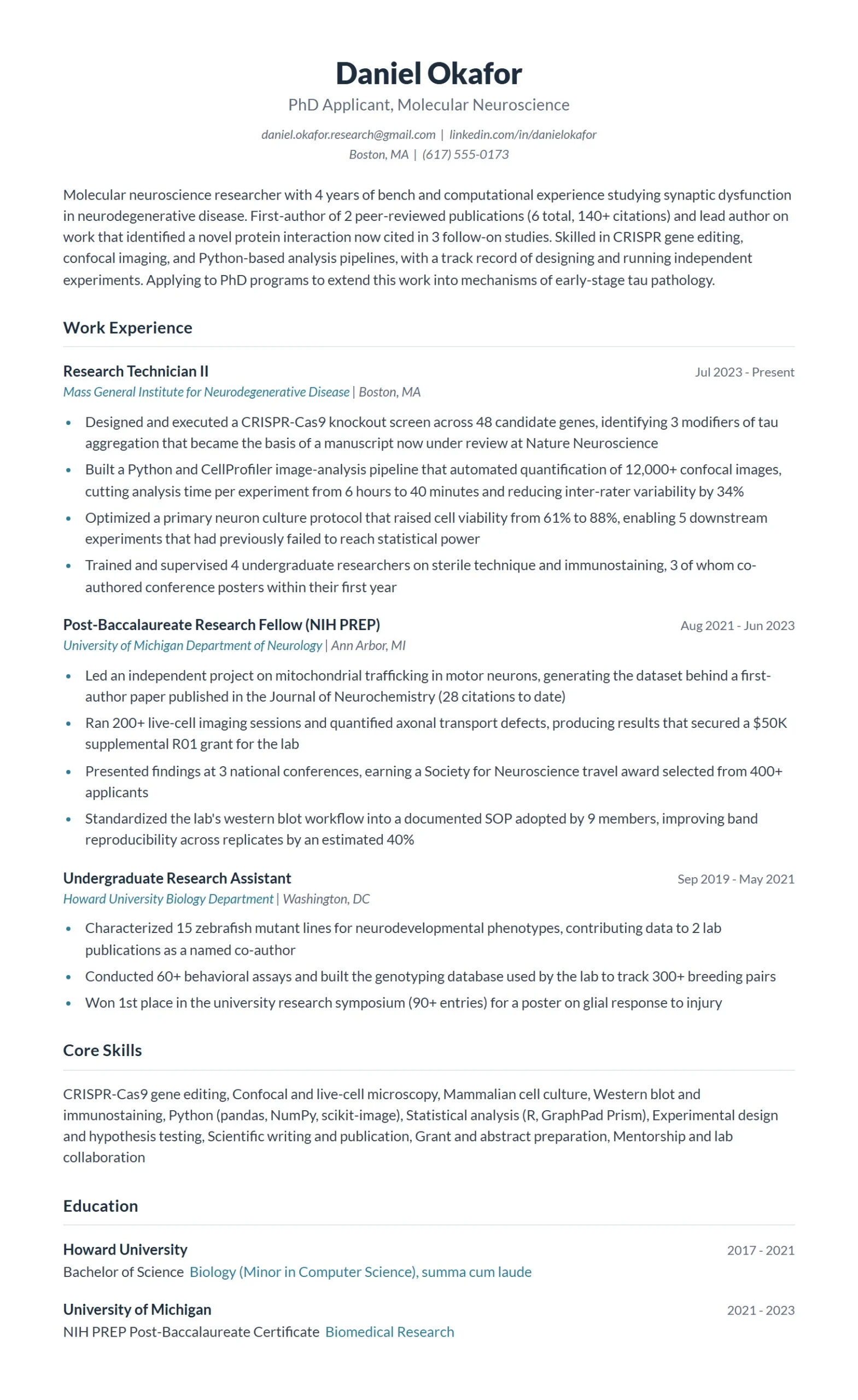 PhD Applicant Resume Example