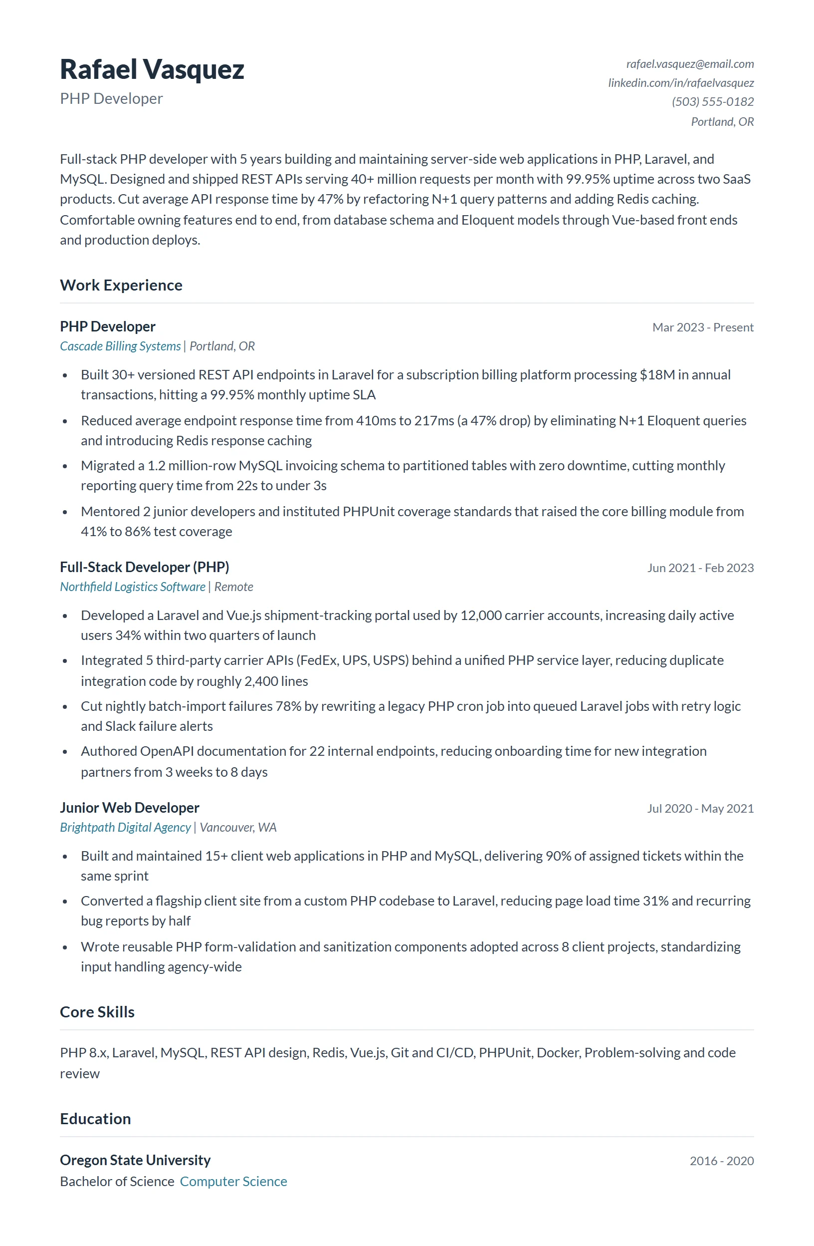 PHP Developer Resume Example
