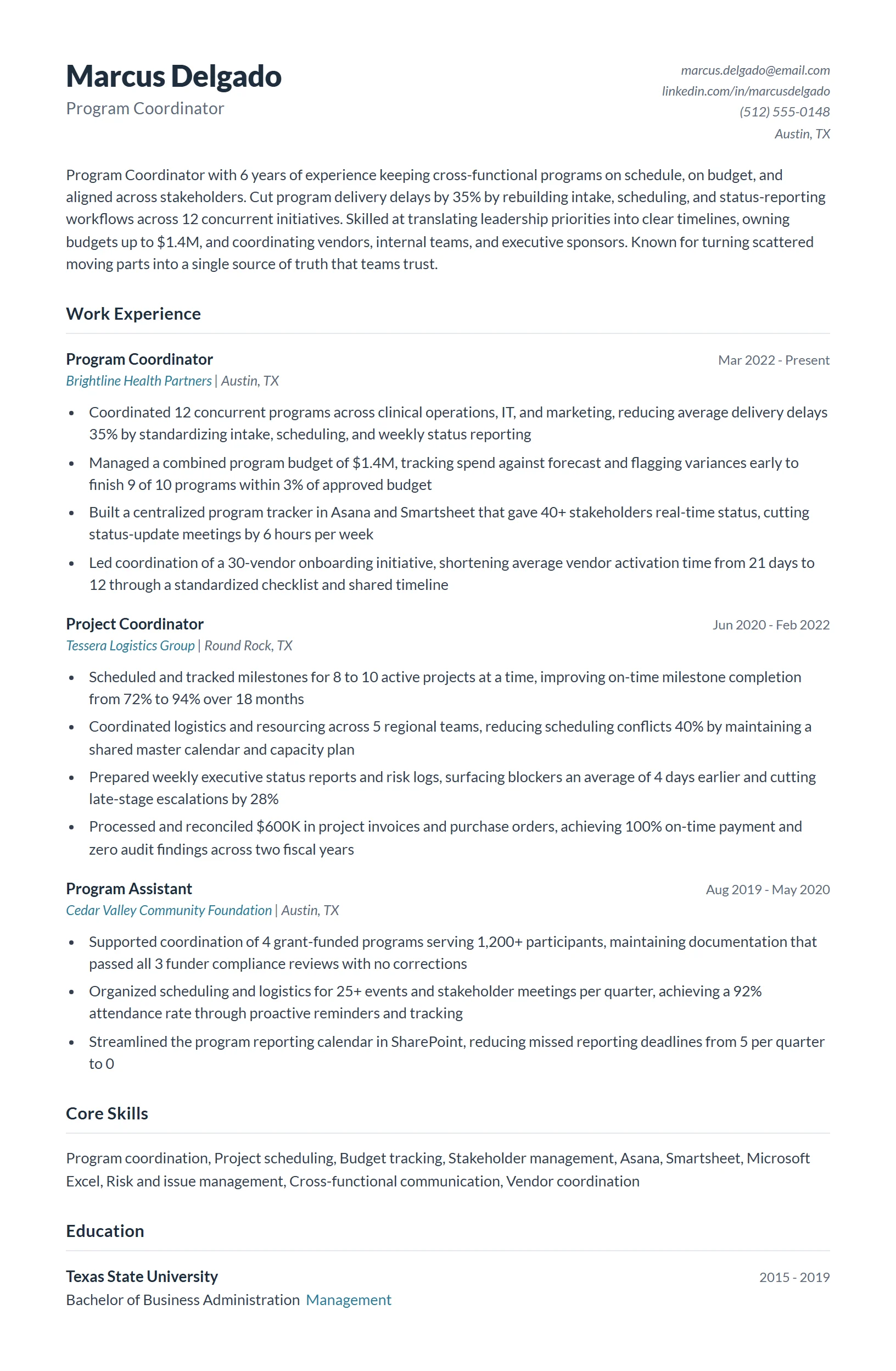 Program Coordinator Resume Example
