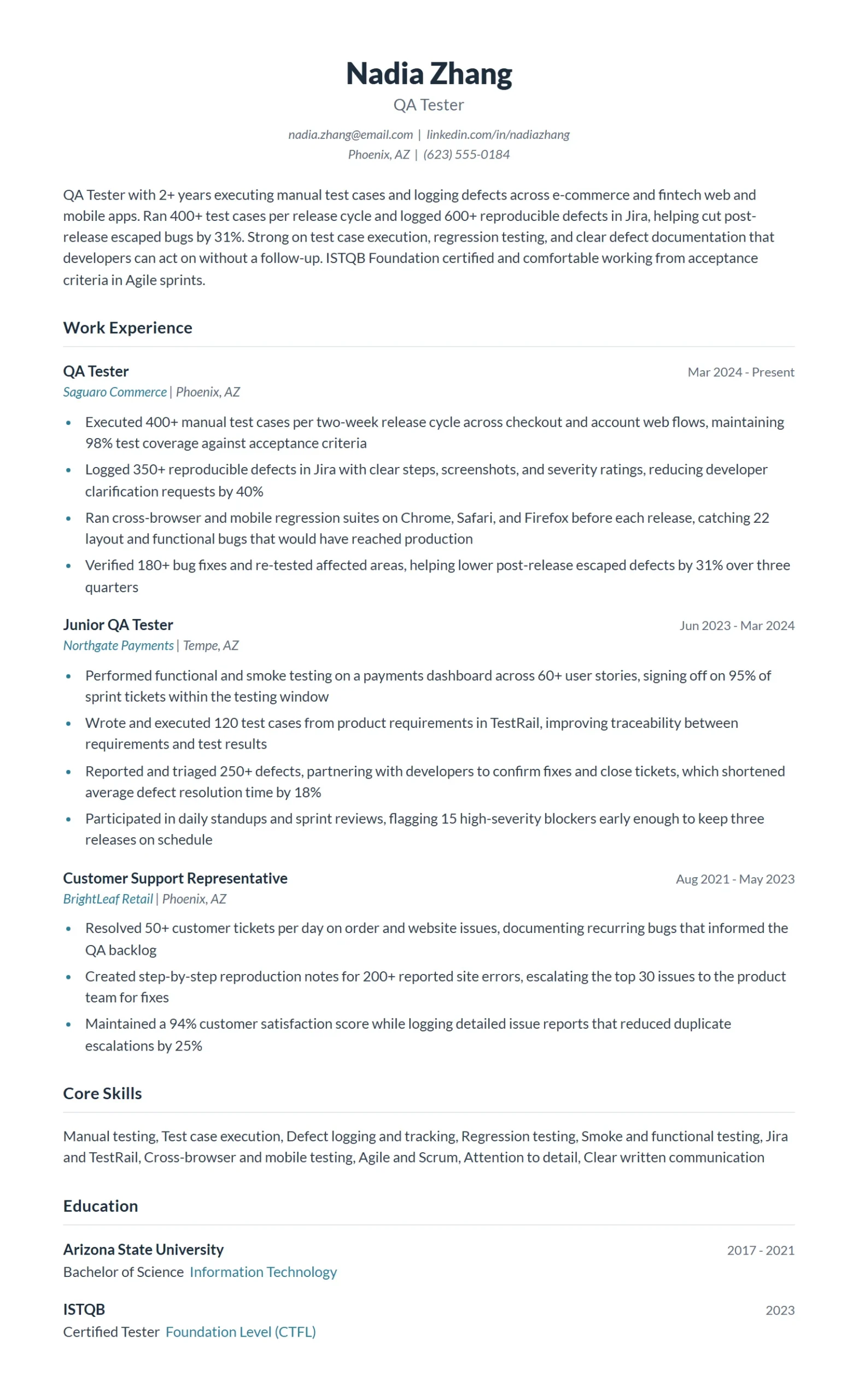 QA Tester Resume Example