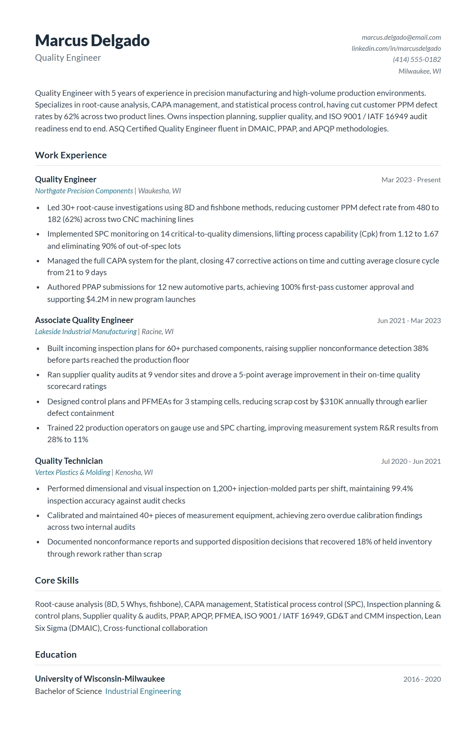 Quality Engineer Resume Example