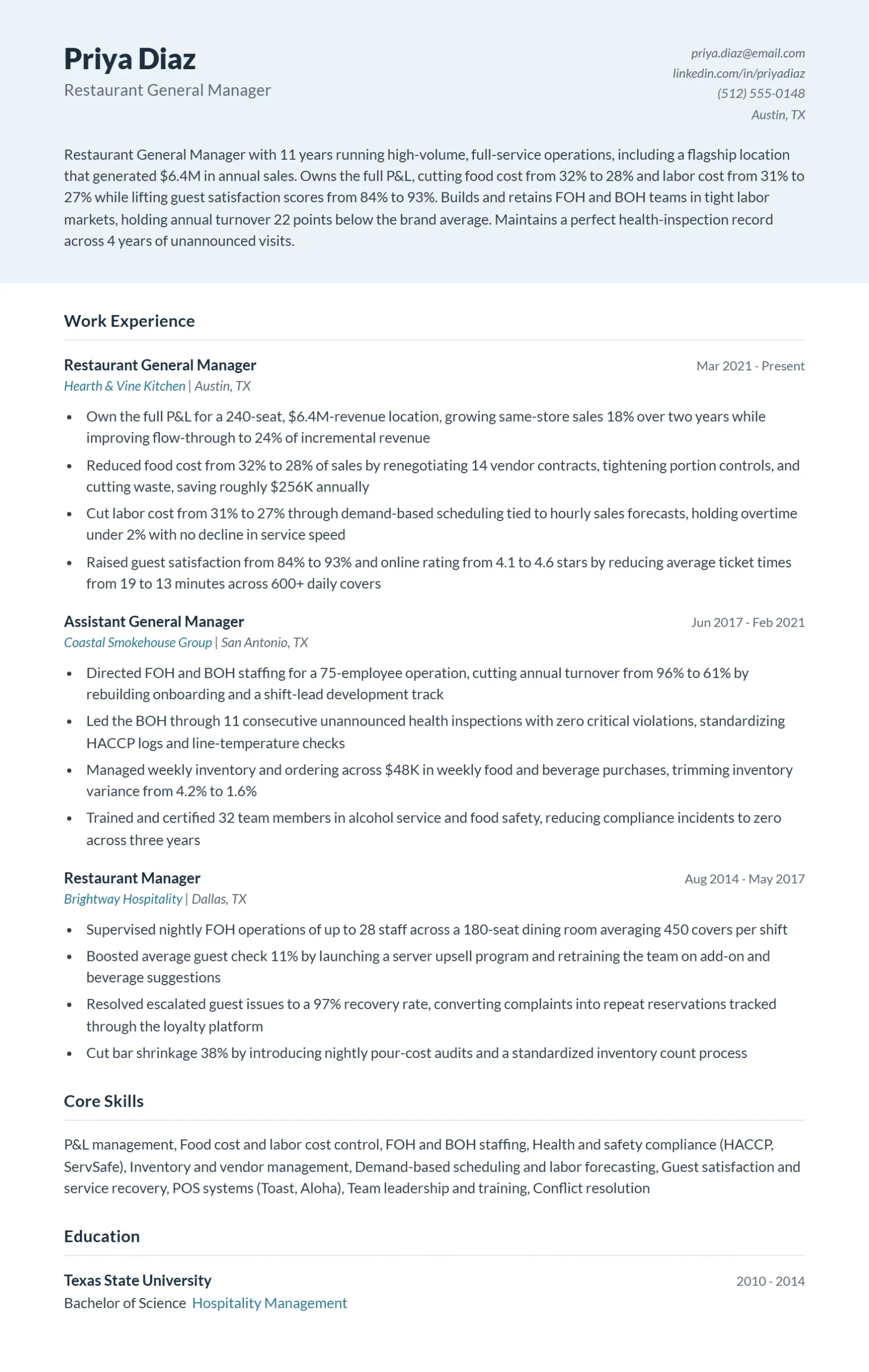 Restaurant General Manager Resume Example
