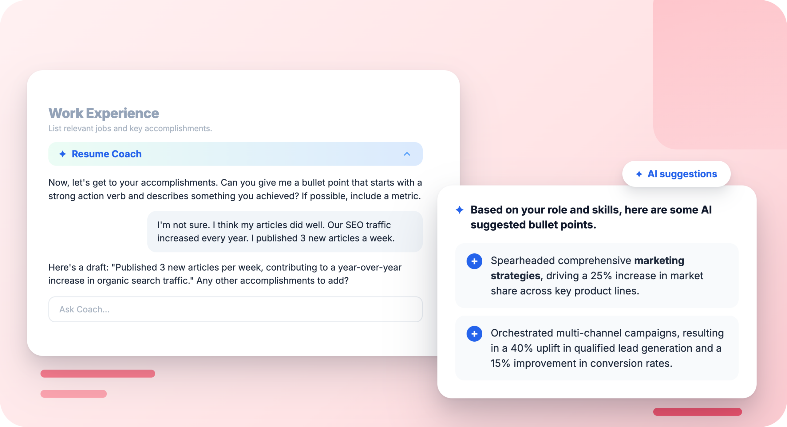 Jobscan Resume Builder:an AI-suggested resume bullet surfaced from the job seeker's own answers