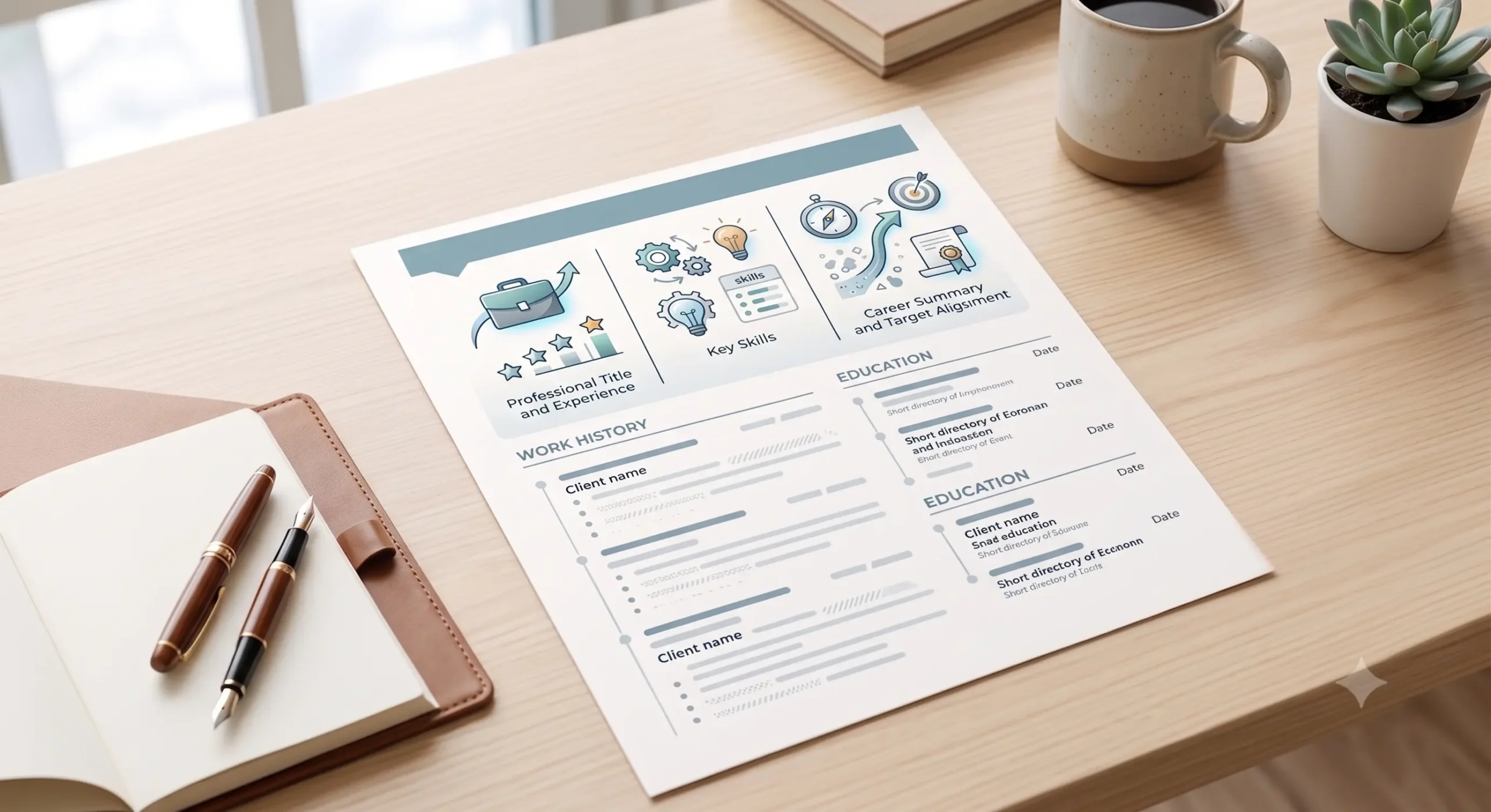 resume document on a desk with a notebook, coffee, and succulent, highlighting the resume profile section