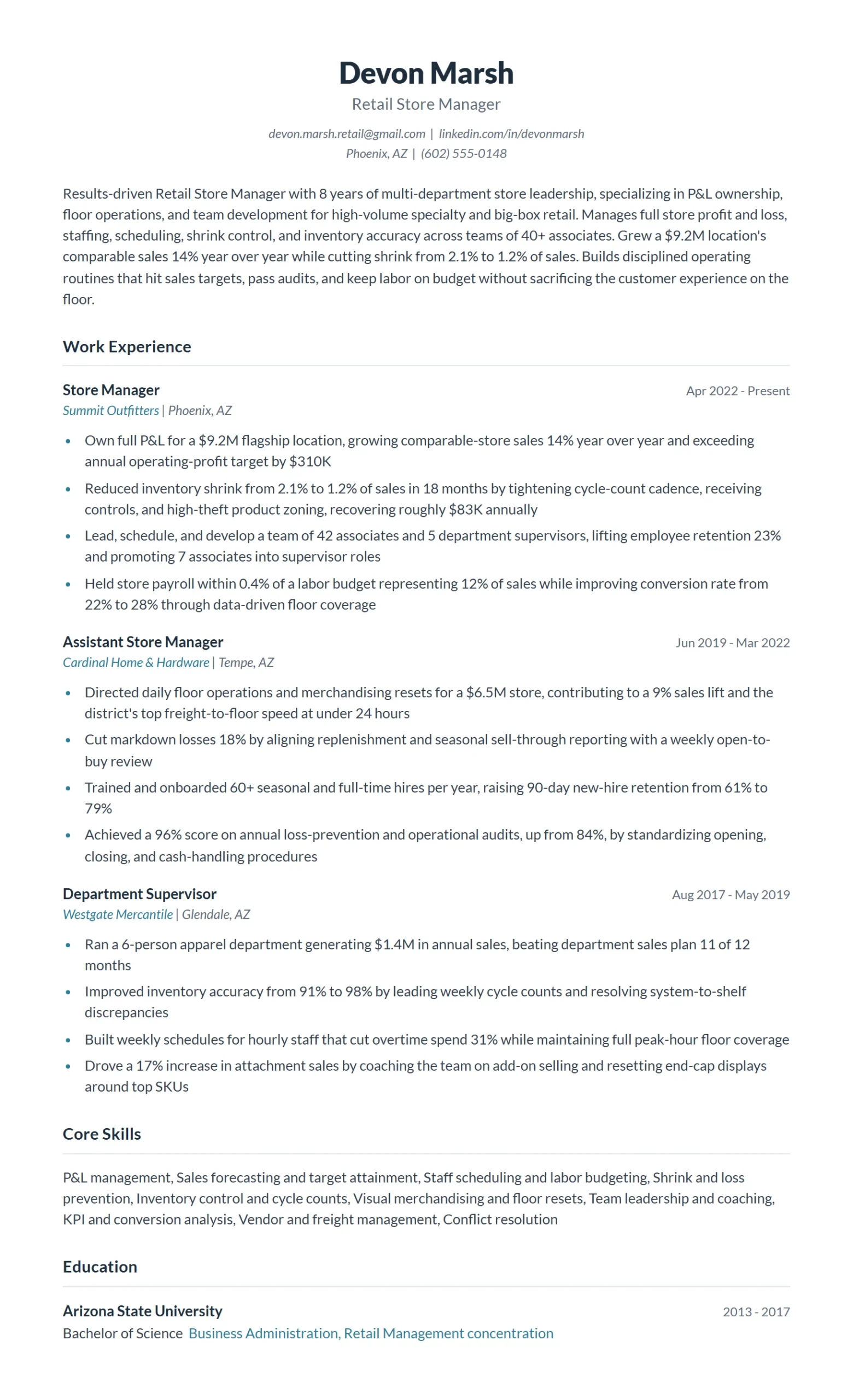 Retail Manager Resume Example