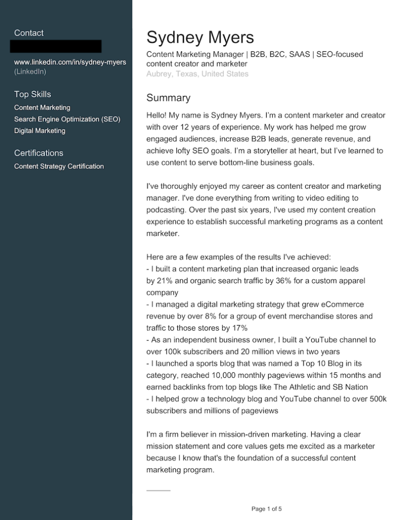 screenshot of LinkedIn resume PDF example